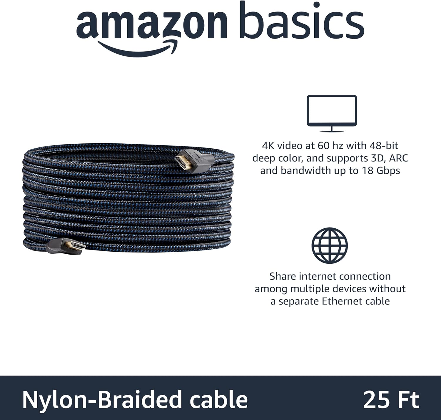 Amazon Basics HDMI Cable, 18Gbps High-Speed, 4K@60Hz, 2160p, Nylon-Braided Cord, Ethernet Ready, 0.9 m, Nylon