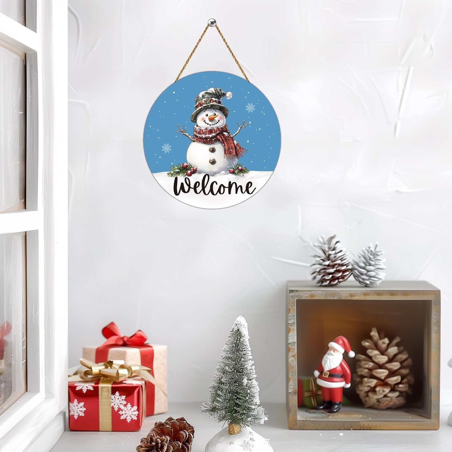 Snowman Decor Winter Decorations for Home Winter Wreaths For Front Door Snowman Door Decorations Wreath Welcome Sign Wooden Front Door Hanger for Porch Wall Indoor Home Decor