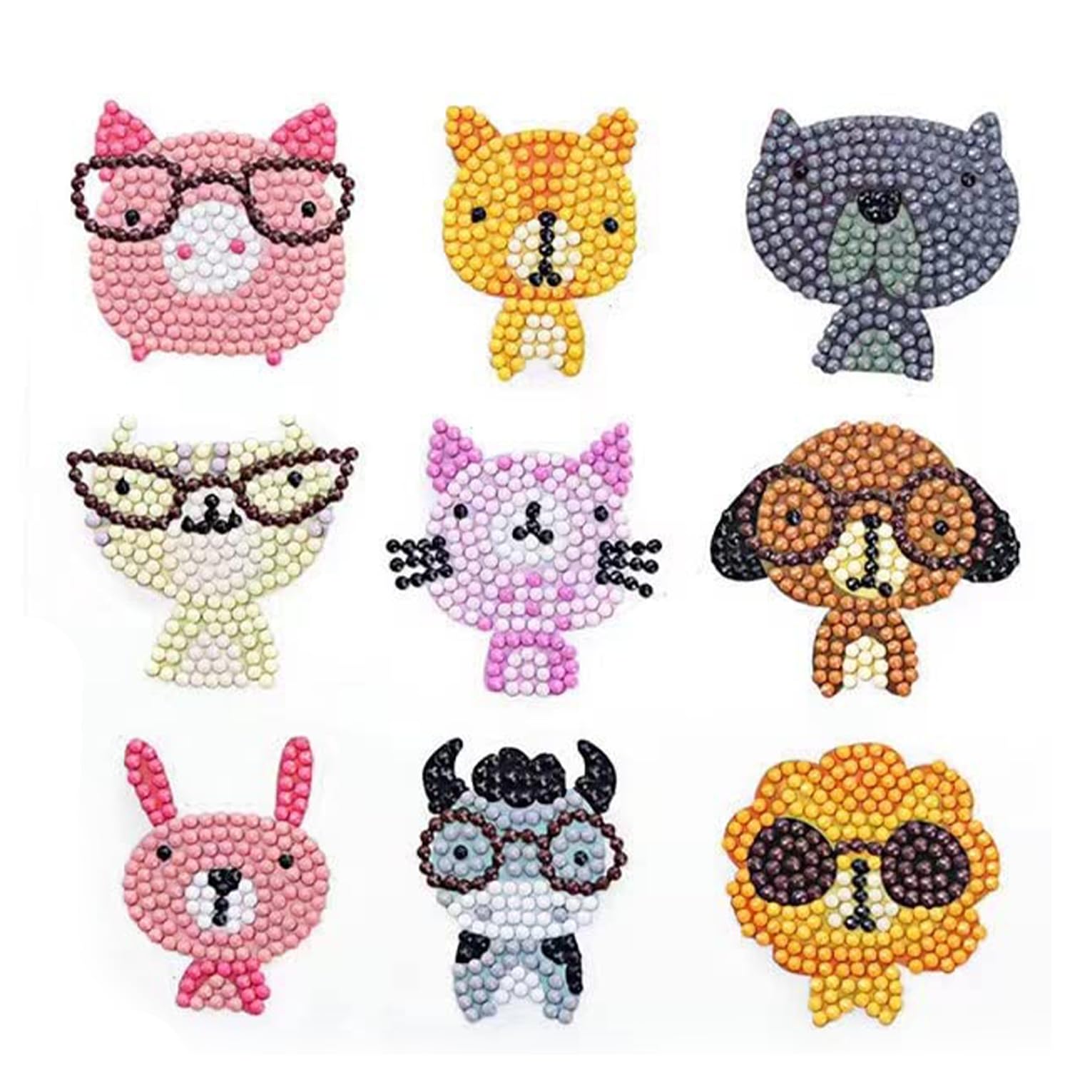 YellowCult™ Diamond Painting Stickers Kits for Kids, DIY 5D Diamond Art Mosaic Stickers by Numbers Kits - 9 Pieces [Nerdy Animals with Specs Theme]