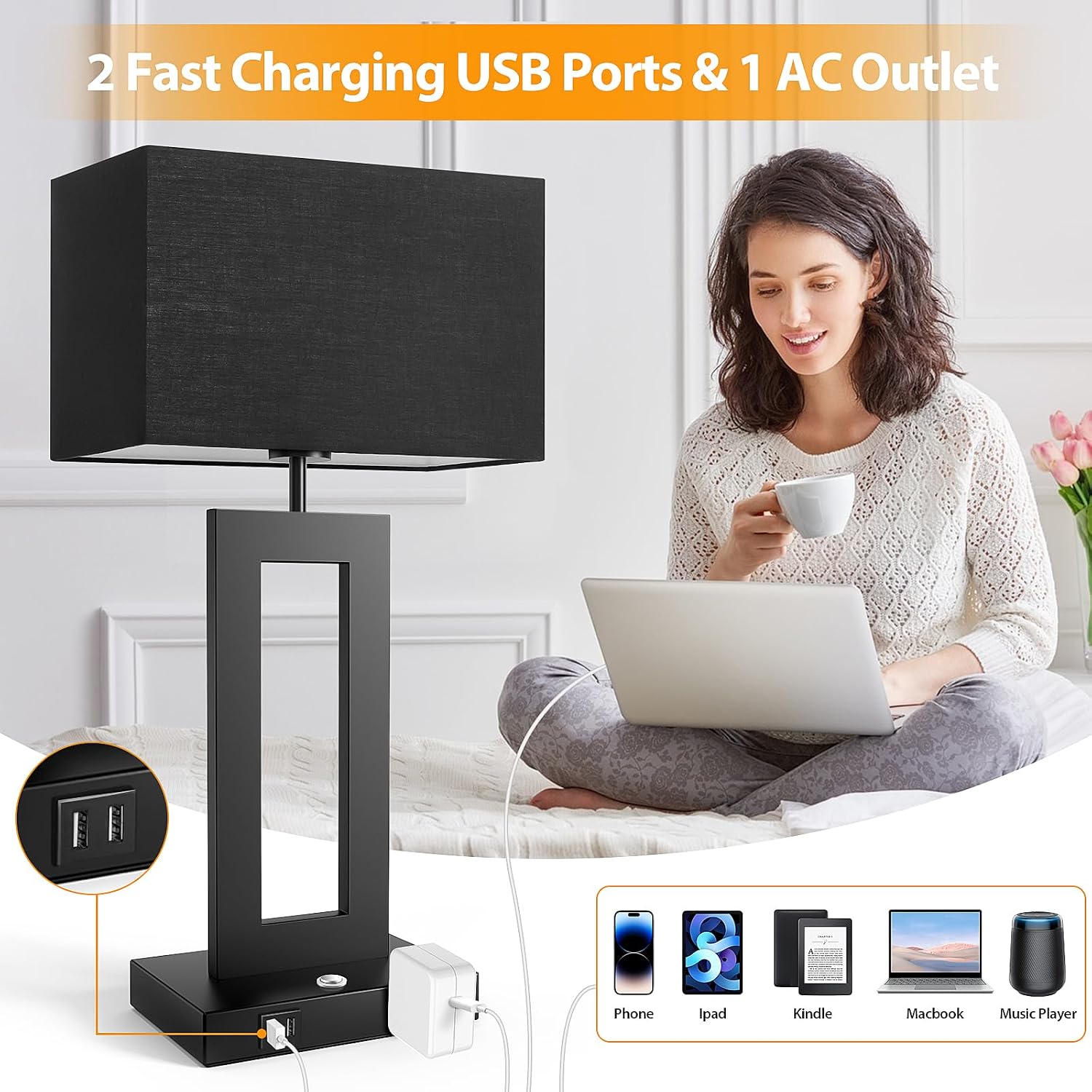 3 Color Temperatures Black Table Lamps for Bedrooms Set of 2, 22’’ Touch Control Bedside Nightstand Lamps with 2 USB Ports & AC Outlet, Modern Lamp Sets for Living Room, Stepless Dimming, Black Shade image 5