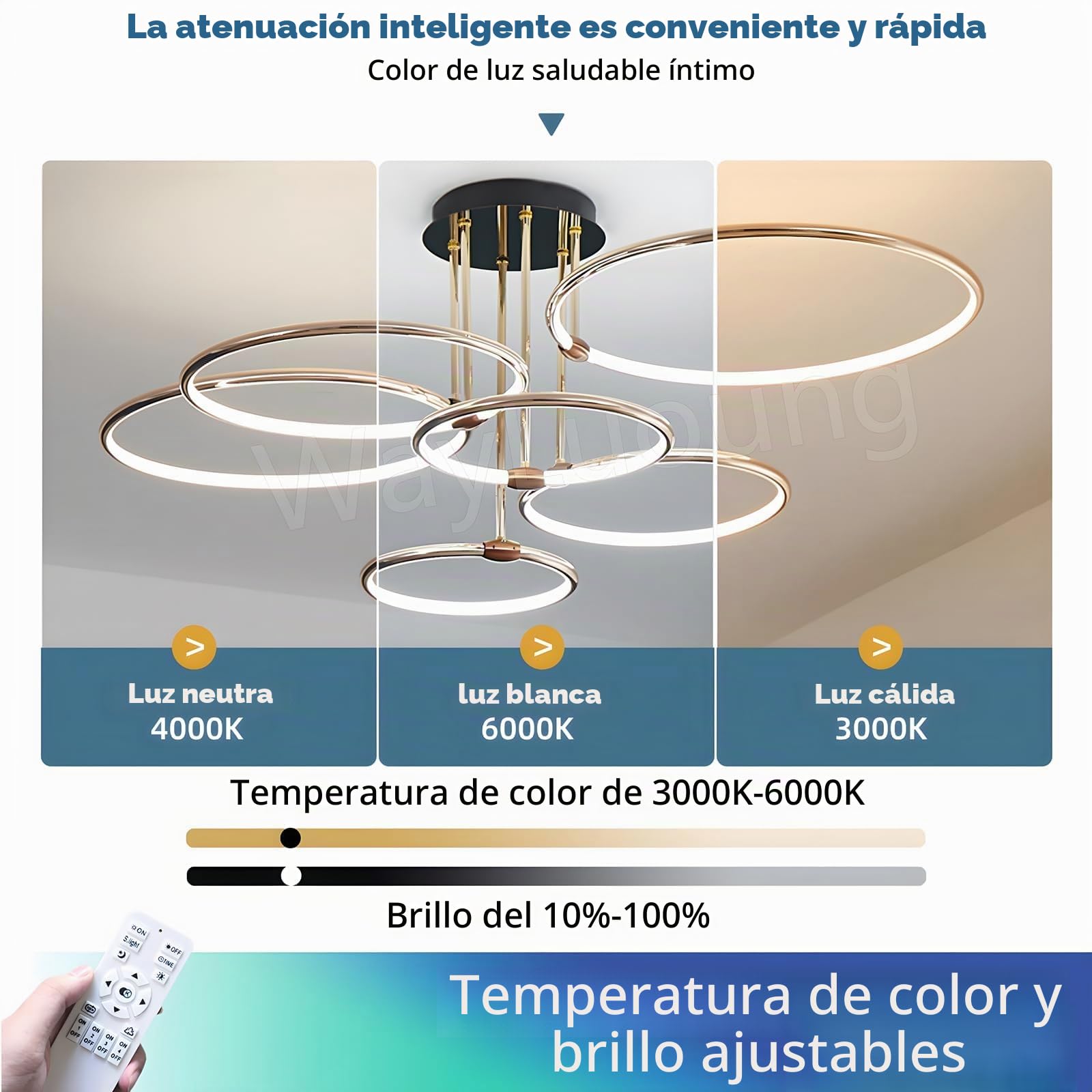 Lámpara De Techo LED, Lámpara Circular Metal Dorado Ø105cm, 145W Regulable Continua 3000-6000K, Colgante Redondo Moderno De Galvanoplastia, Dormitorio, Sala Estar Niños Oficina (6 Anillos)