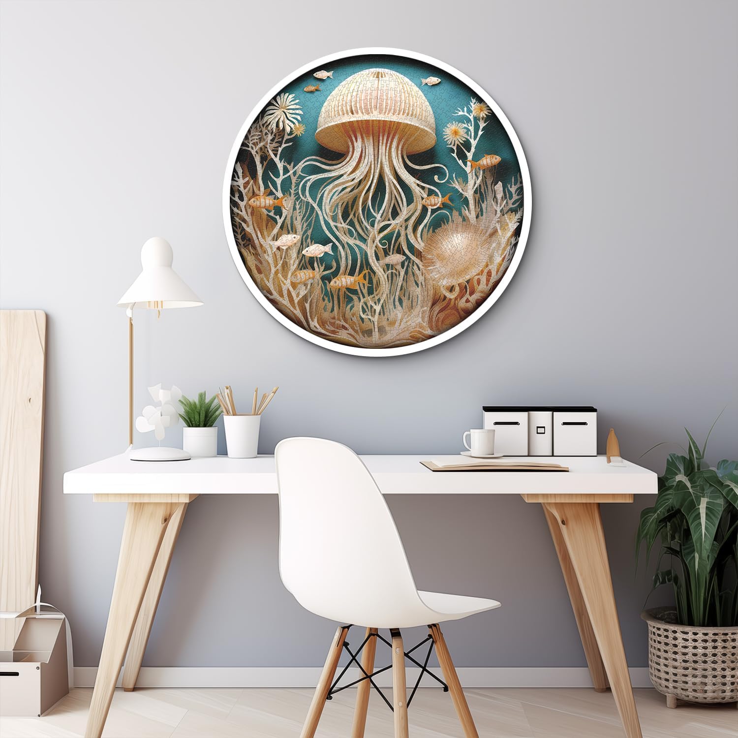 Ocean Jellyfish Puzzles for Adults 1000 Pieces, Impossible Deep Blue Sea Fish Jigsaw Puzzles, Round Jellyfish Paper Art Challenging Puzzle as Wall Decor