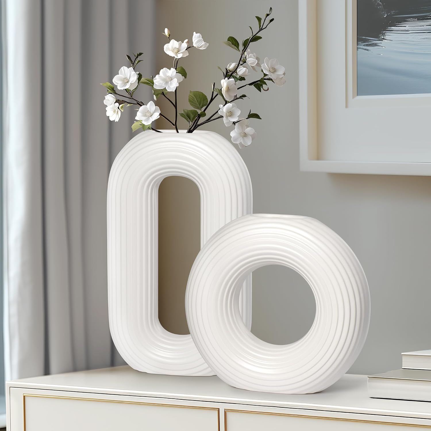 Torre & Tagus 13" Ceramic White Oval Vase for Flowers & Ribbed Design for Modern Home Decor - Sculptural Pampas Vase for Flowers, Table Centerpieces and White Decorative Vases for Living Room (Circa)