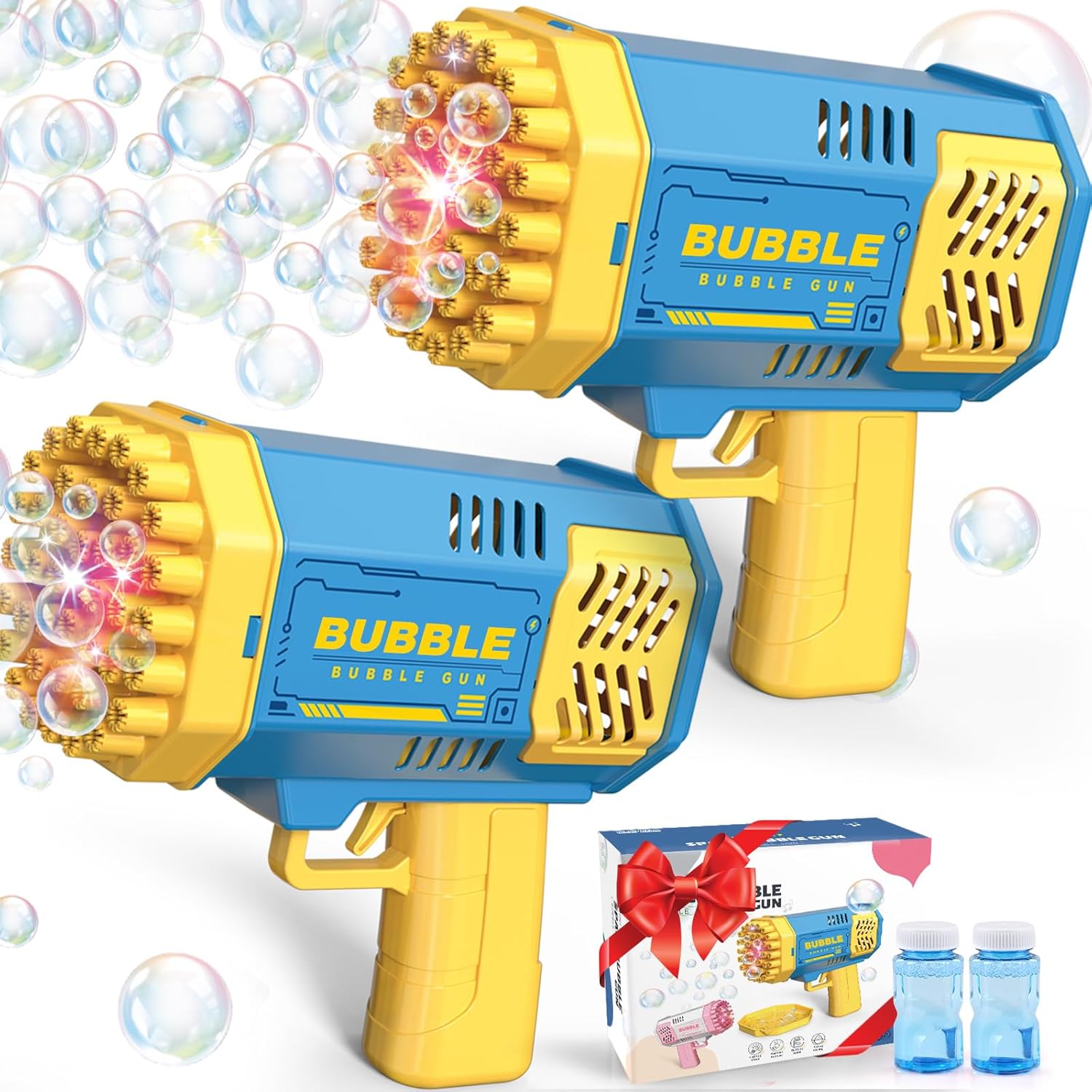 Dolanus Bubble Gun 2 Pack with 2 Bottles Bubble Solution, 40-Hole Light Up Dip Bubble Machine for Kids, Bubble Toy for 3 4 5 6 7 8 Years Old Boys Outdoor Indoor Kid Birthday Wedding Party(2*Blue)