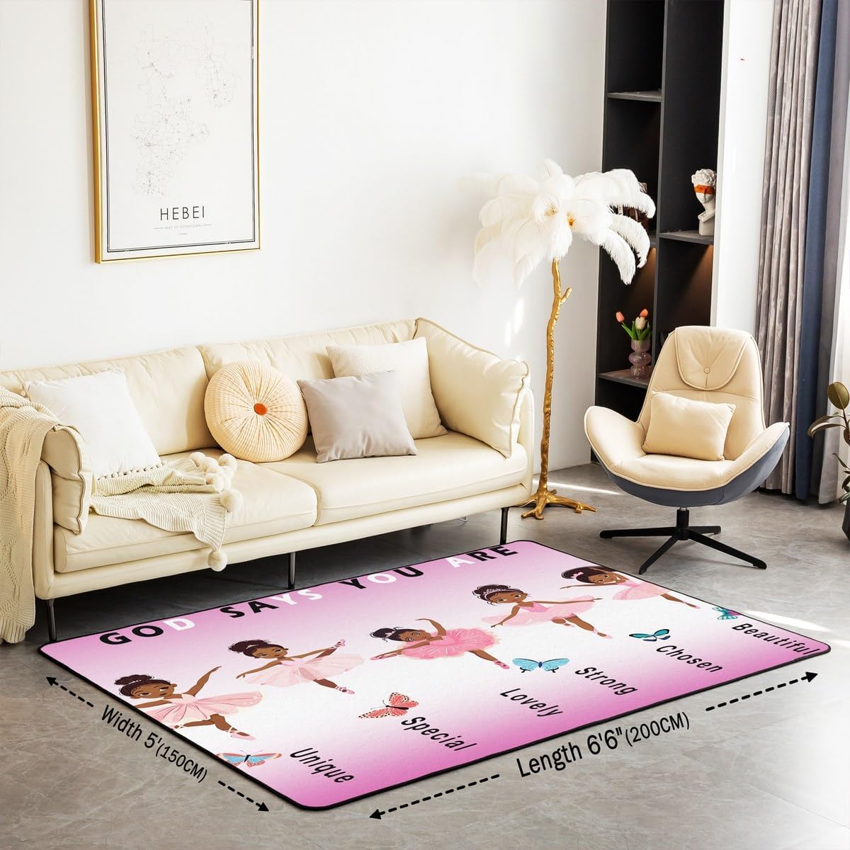 Erosebridal Pink and Black Area Rug 5x7 Size for Bedside,American Black African Women Rug,Ballet Dancer Area Rugs,Flying Butterfly Indoor Floor Mat Non Shedding
