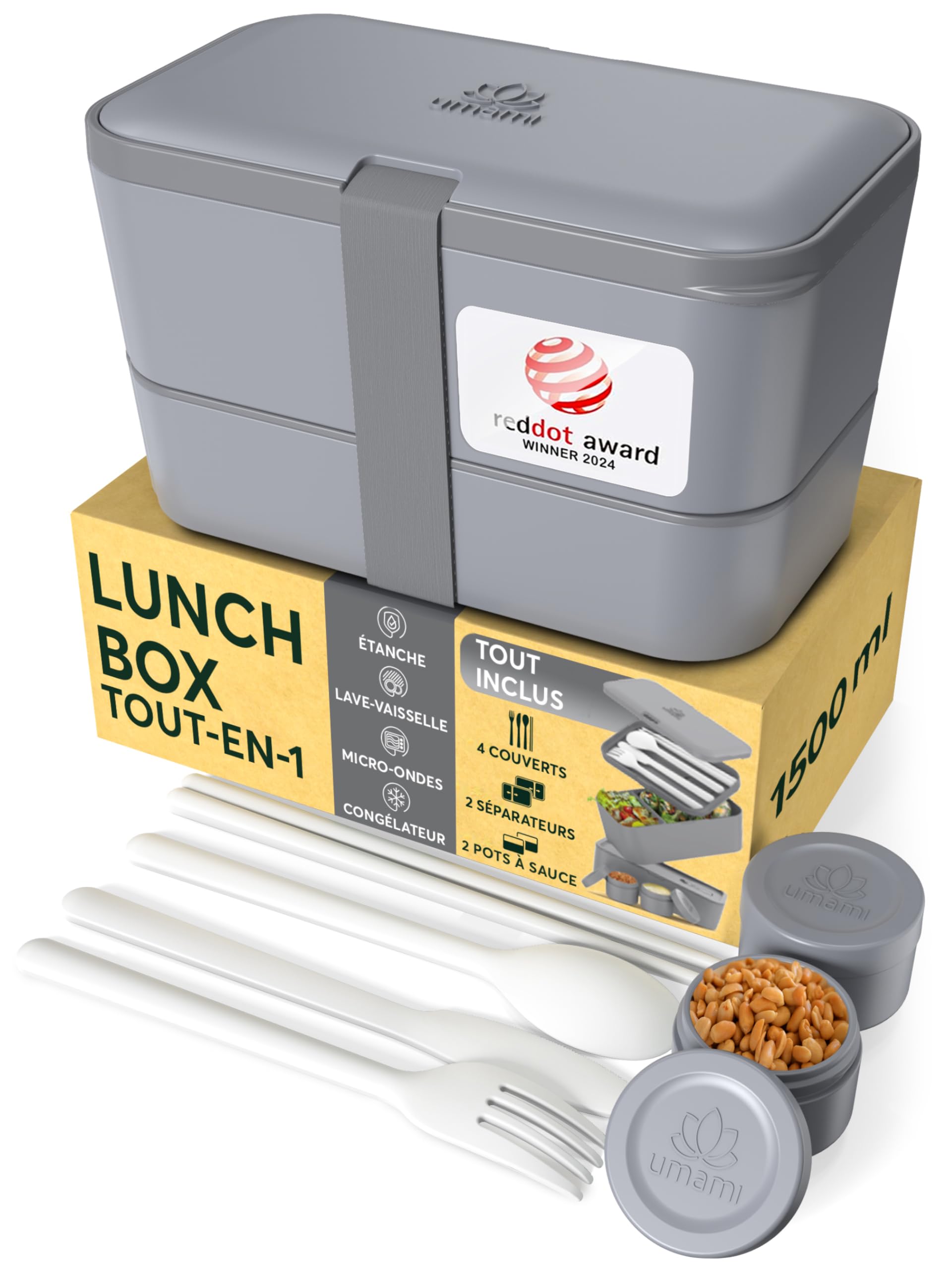 Umami Bento Lunch Box, Couverts & 2 Pots à Sauce Inclus, Boîte Repas Encastrable, Lunchbox Micro-​Ondable, Boîte à Lunch Adulte Compartimentée, Bento Box, Vert Ardoise, 1500 ml