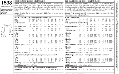 Miniatura 3 de Simplicity 1538 - Patrones de costura de camisa con botones para mujer, tallas 6-14
