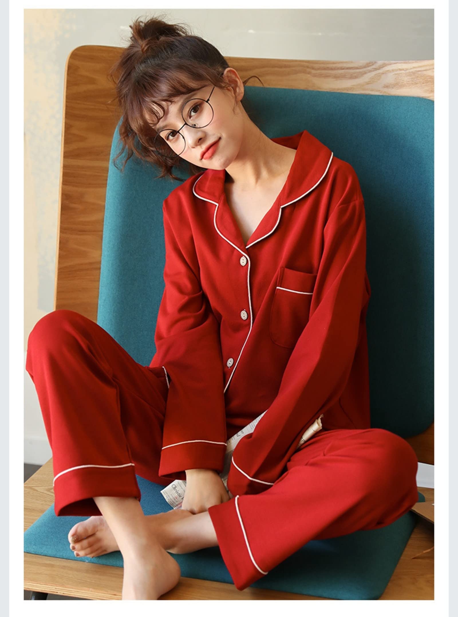 Pijamas de Franela para Invierno y otoño para Mujer y Hombre, Conjuntos de Pijama de 2 Piezas para Mujer, de algodón de Moda, de Manga Larga con Solapa, Sencillos, en Rosa y Rojo,