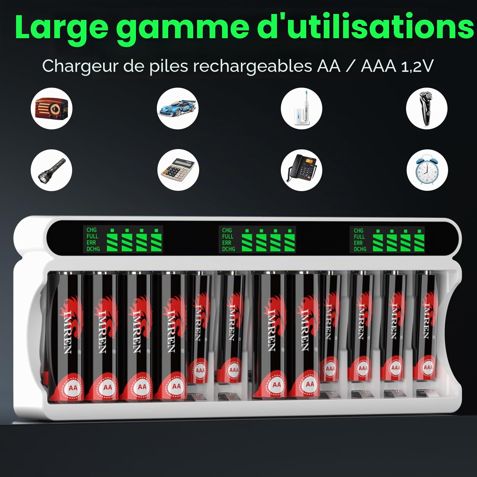 IMREN Chargeur de Piles Rechargeables, 12 Slots de Charge Indépendants avec écran LCD, 5V 2A Type-C et Entrée Micro USB, pour Batterie Rechargeable NiMH/NiCD AA AAA