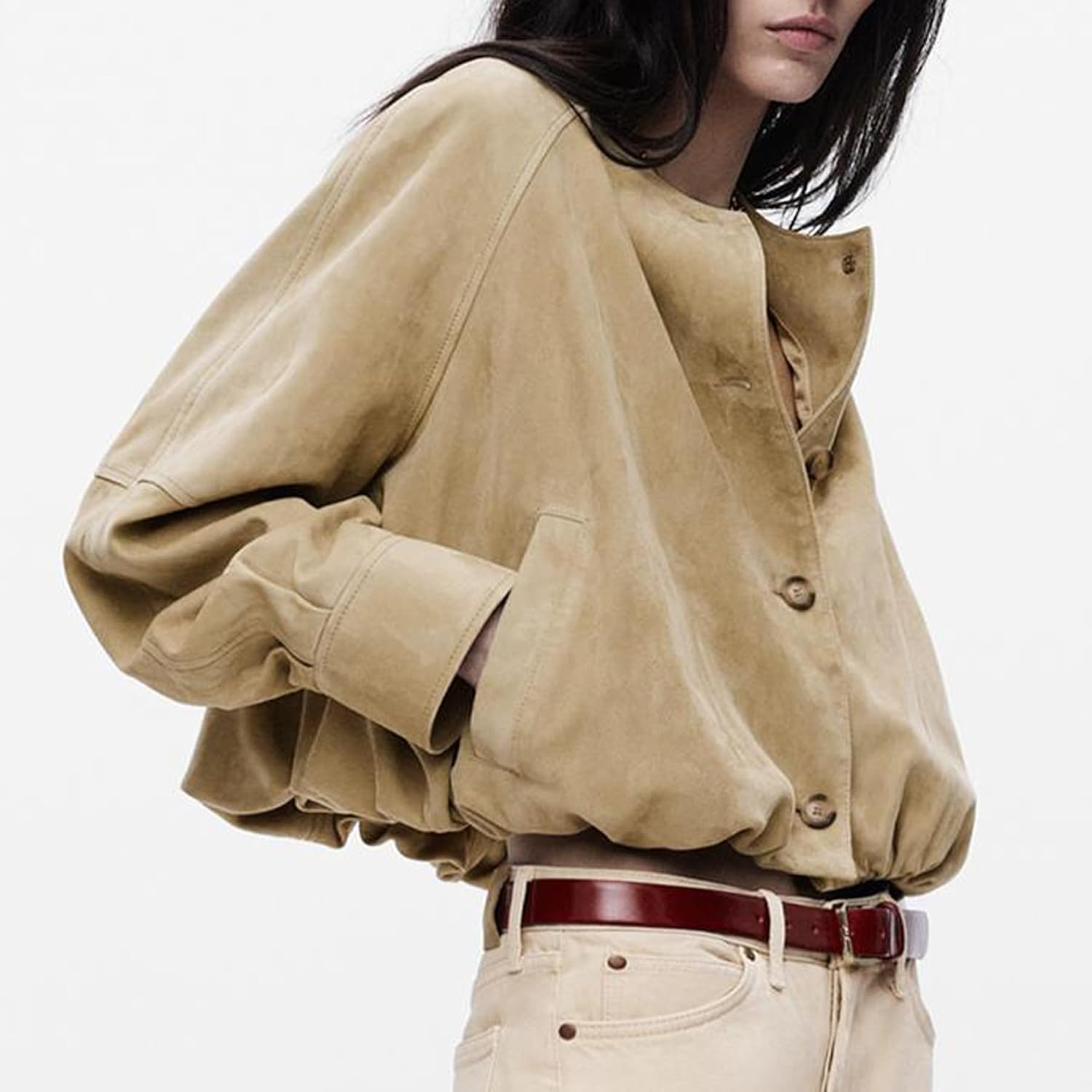 Ainangua Women's Faux Suede Button Bomber Jacket Oversized Gathered Hem Short Coat Casual Cropped Leather Jacket Outerwear - Image 4