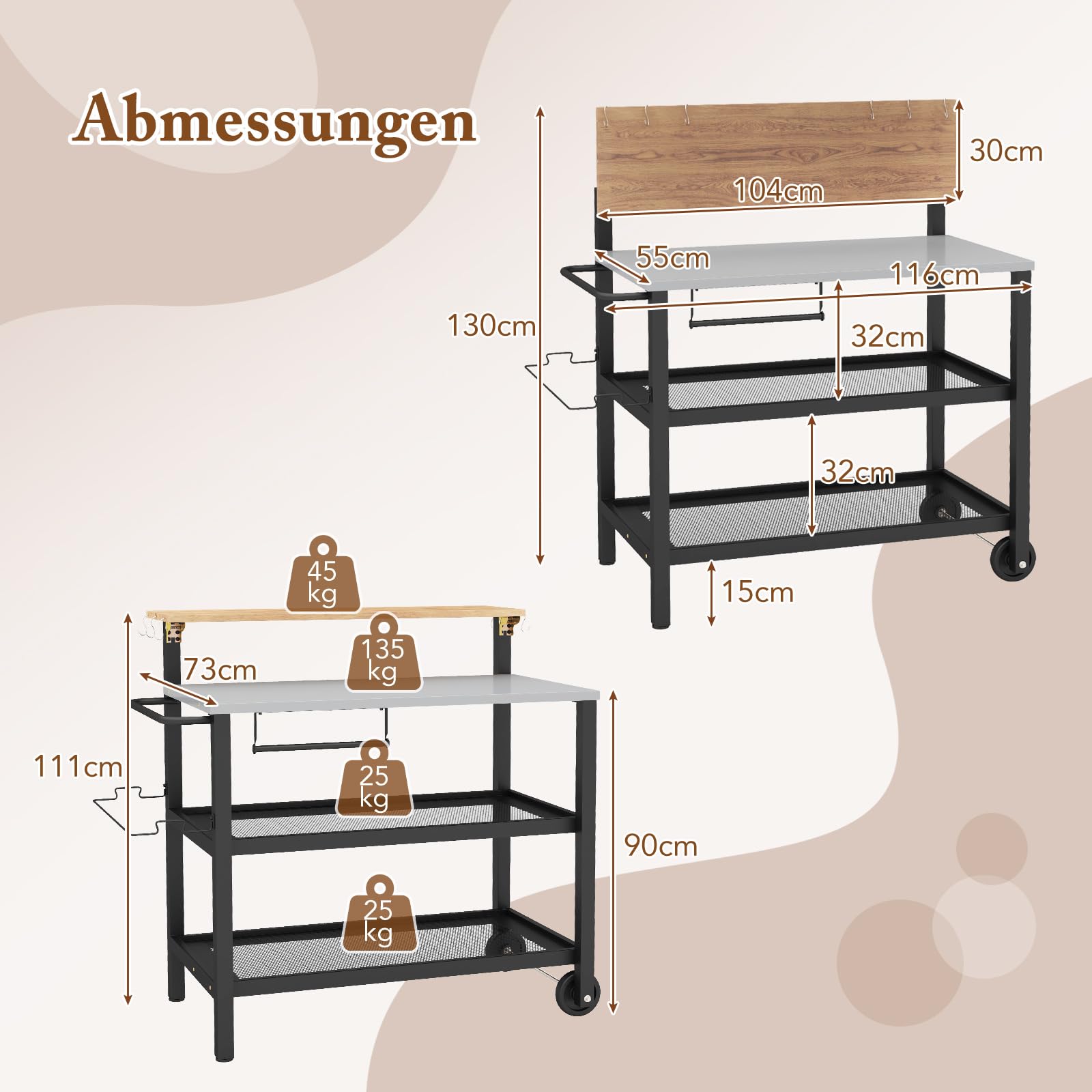 COSTWAY Grillwagen Outdoor, Grilltisch mit aufklappbarem Tisch, 6 Hakens, Müllbeutelhalter & 2 Rollen, bis 230 kg, Campingtisch Metall, Servierwagen für Garten Terrasse, 116 x 73 x 111 cm