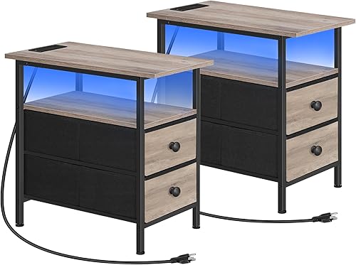 HOOBRO Juego de 2 mesas auxiliares estrechas con luz LED y puerto USB C, mesita de noche con estación de carga, mesa auxiliar delgada con 2 cajones