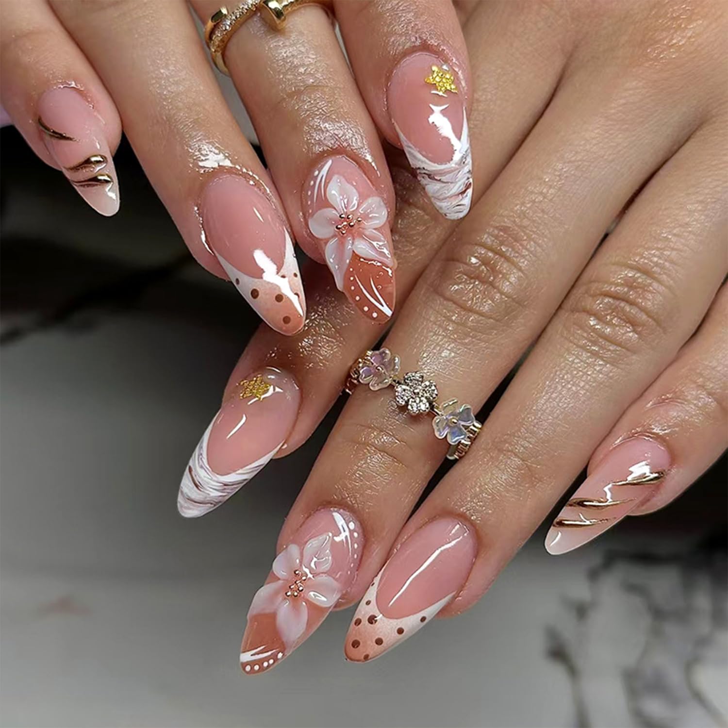 Medium Almond Press on Nails 3D Flower Fake Nails with Polka Dots French Tip Star Bead Gold Accent Designs Elegant Bridal Style Wedding Stick on False Nail Set for Women 24 Pcs