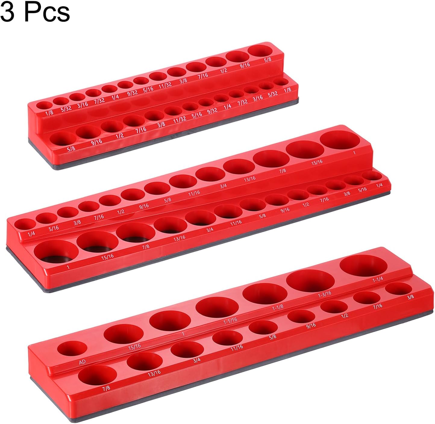 HARFINGTON 3pcs Magnetic Socket Organizer 1/4" 3/8" 1/2" Drive SAE Socket Holder Tray Socket Storage Rack Holds 68 Standard and Deep Size Sockets, Red