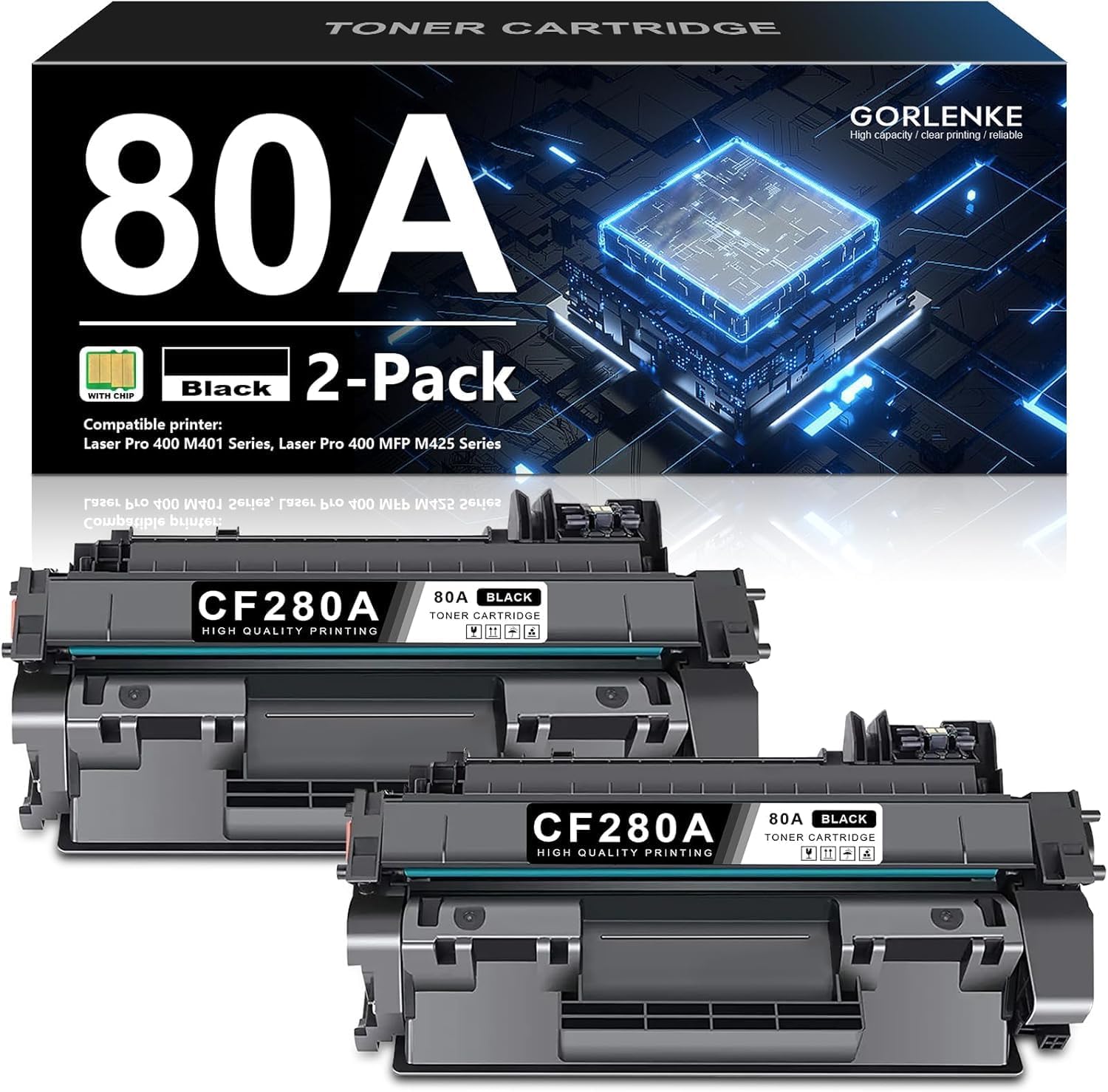80A Black Toner Cartridges, Pack of 2, CF280AD1 (with CHIP) Replacement for HP 80A Toner Cartridge CF280X 80X CF280A 80A Ink Cartridge to use with Laser Pro 400 M401 Series, MFP M425 Series Printer