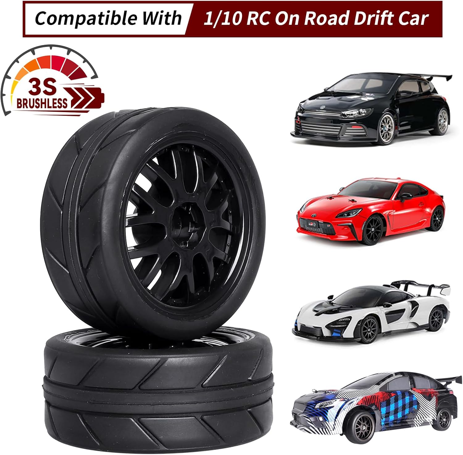 CrazyHobby 2.56" 12mm Hex Wheels & Tires for 1/10 RC Touring Car Set of 4 (Color C)
