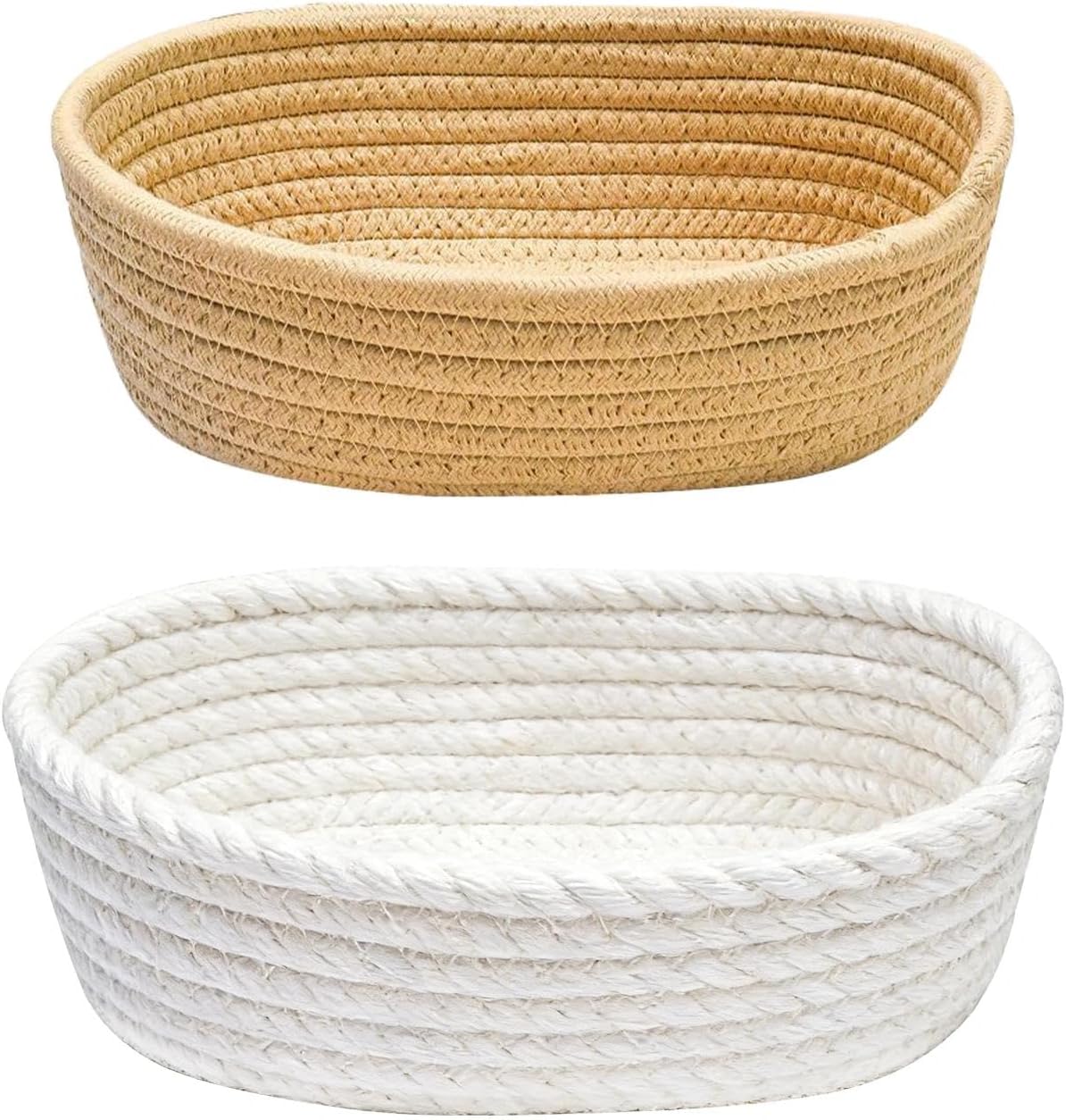 2pcs Basket, Woven Cotton Rope Storage Baskets, Empty Gift Hamper, Small Organizer Baskets for Baby Toys, Bathroom Shelves Home Decor (White & Khaki)