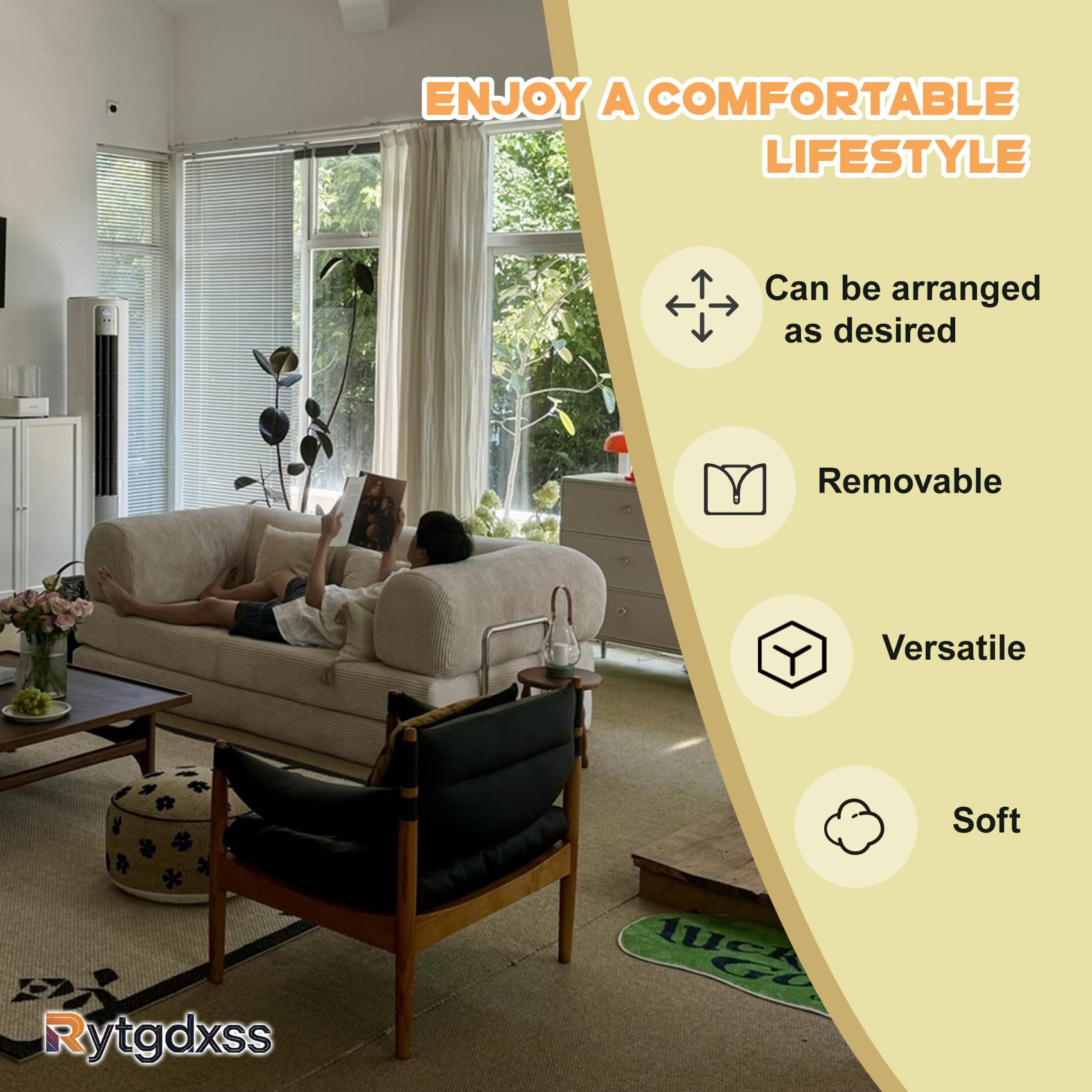 Schlafsofa aus Cord – 2-Sitzer klappbar zum Bodensofa mit Vollschaum – inkl. 2 Kissen & Stahlgestell – Beige,220 cm breit – Boneless,ohne Aufbau(Beige) L:220cm