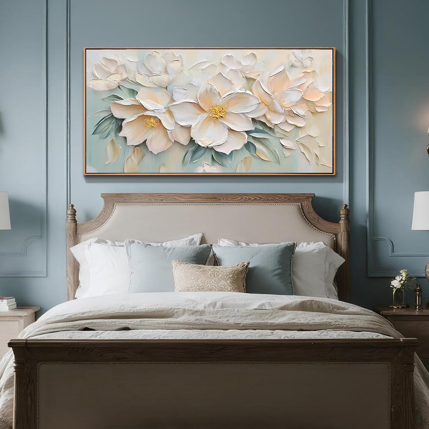 Anolyfi Botanical Framed Textured Canvas Wall Art for Living Room, Modern Aesthetic Sage Florals Painting, Large Framed Wall Art for Hallway Bedroom Dining Room Office Home Decor, 58"x29"
