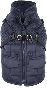 Puppia Wilkes Winter Dog Coat with Integrated Harness No Pull Cold Weather Waterproof Warm Fleece Back Zipper for Small & Medium Dog, Navy, Medium