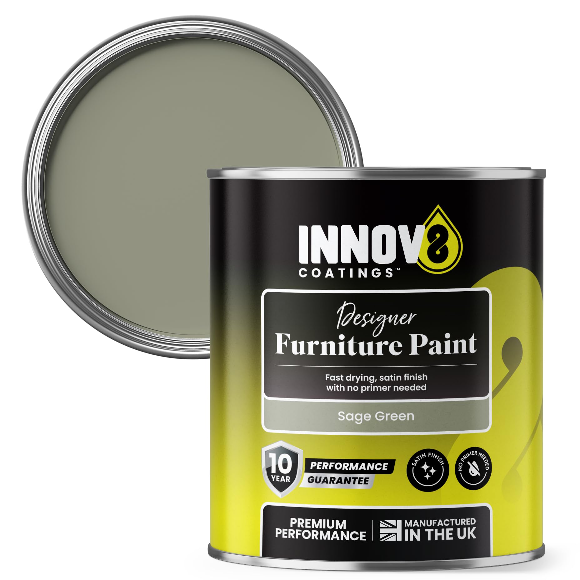 INNOV8 COATINGS Designer Furniture Paint 750ml - No Primer Needed - Fast Drying Satin Finish - 10 Year Guarantee - For Wardrobes, Dressers, Tables & Cabinets - Wood, MDF, Metal & Plastic (Sage Green)