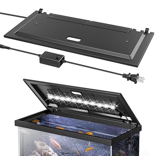 LED Aquarium Hood, Fish Tank Cover with Adjustable Brightness White Tube Light, Replaceable Full-Length Bulb, Fits 24-Inch Framed Aquariums, Black