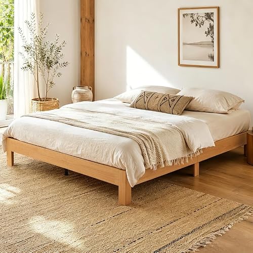 Queen Bed Frame, 11.5 Inch Solid Wood Platform Bed, Natural Pine