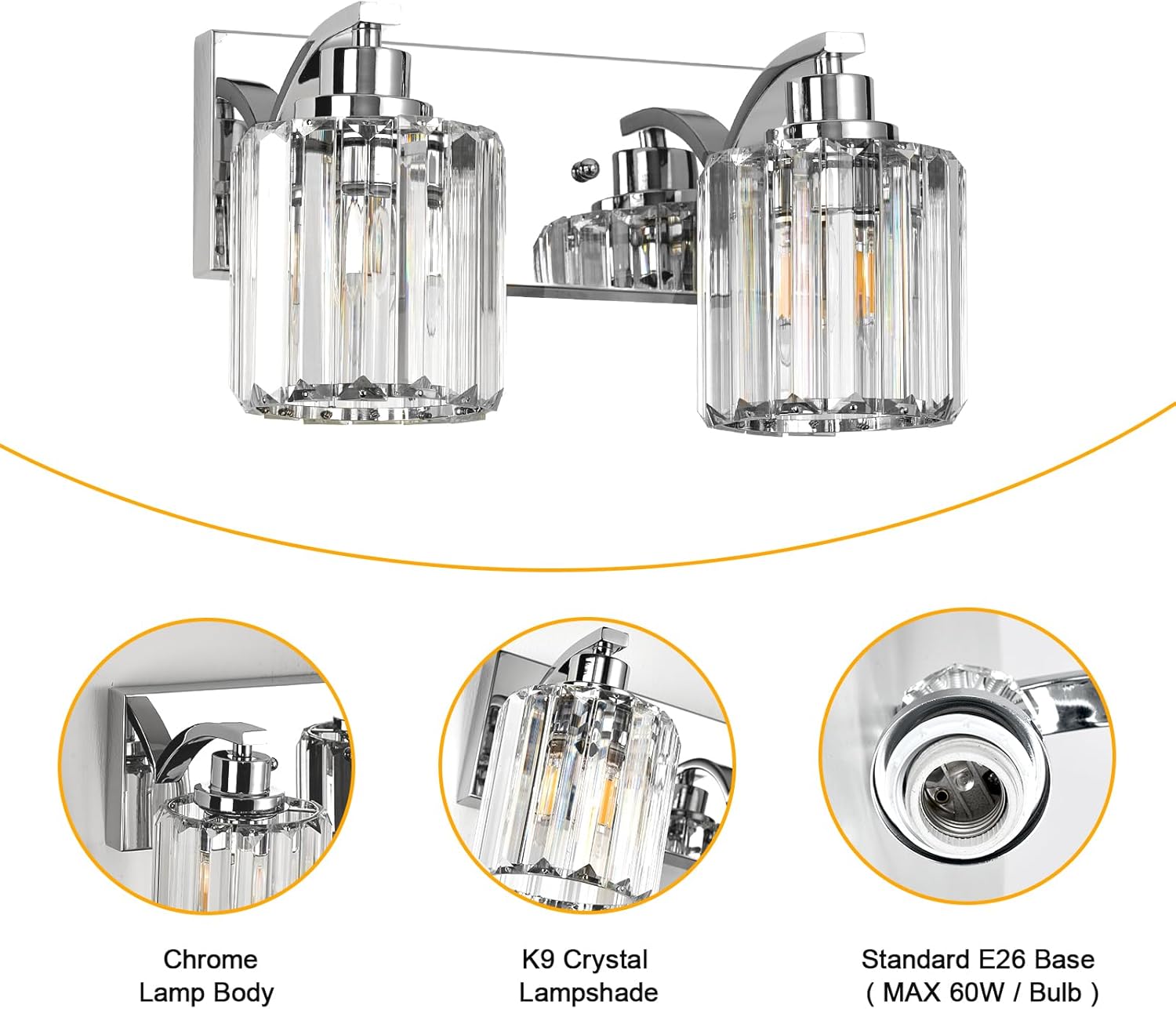 2 Lights Crystal Bathroom Vanity Light Modern Chrome Bathroom Light Fixture Bathroom Lighting Fixtures Over Mirror for Mirror E26 Base