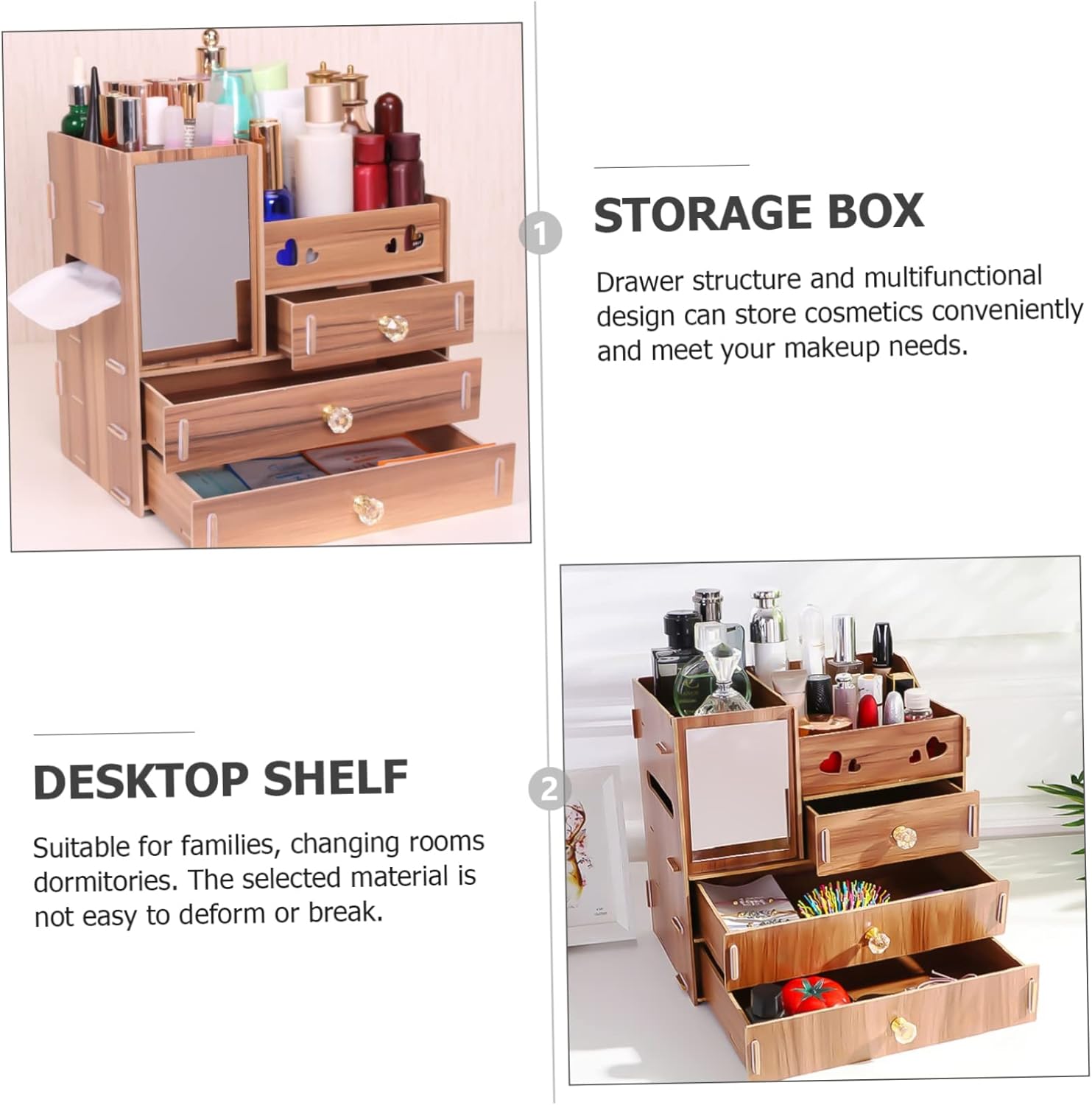 Mirror Makeup Storage Organizer Cosmetics Display Case 3 Drawer Wooden Cherry Sturdy Material