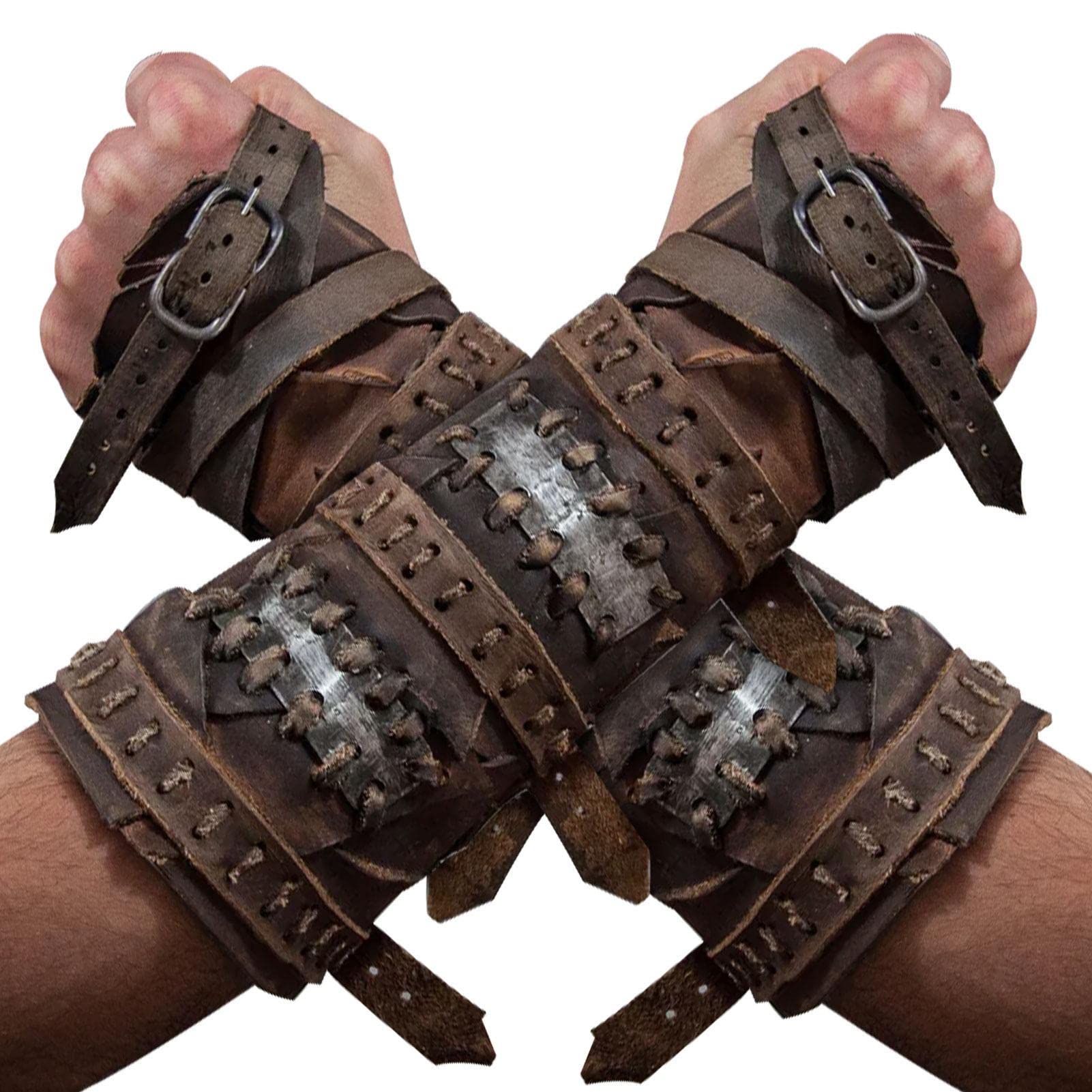 Sakamura Men's Brown Arm Guards Cosplay | Leather Gauntlet Steampunk Vambrace Arm Cuff | Adjustable Long Style Bracers Costume For