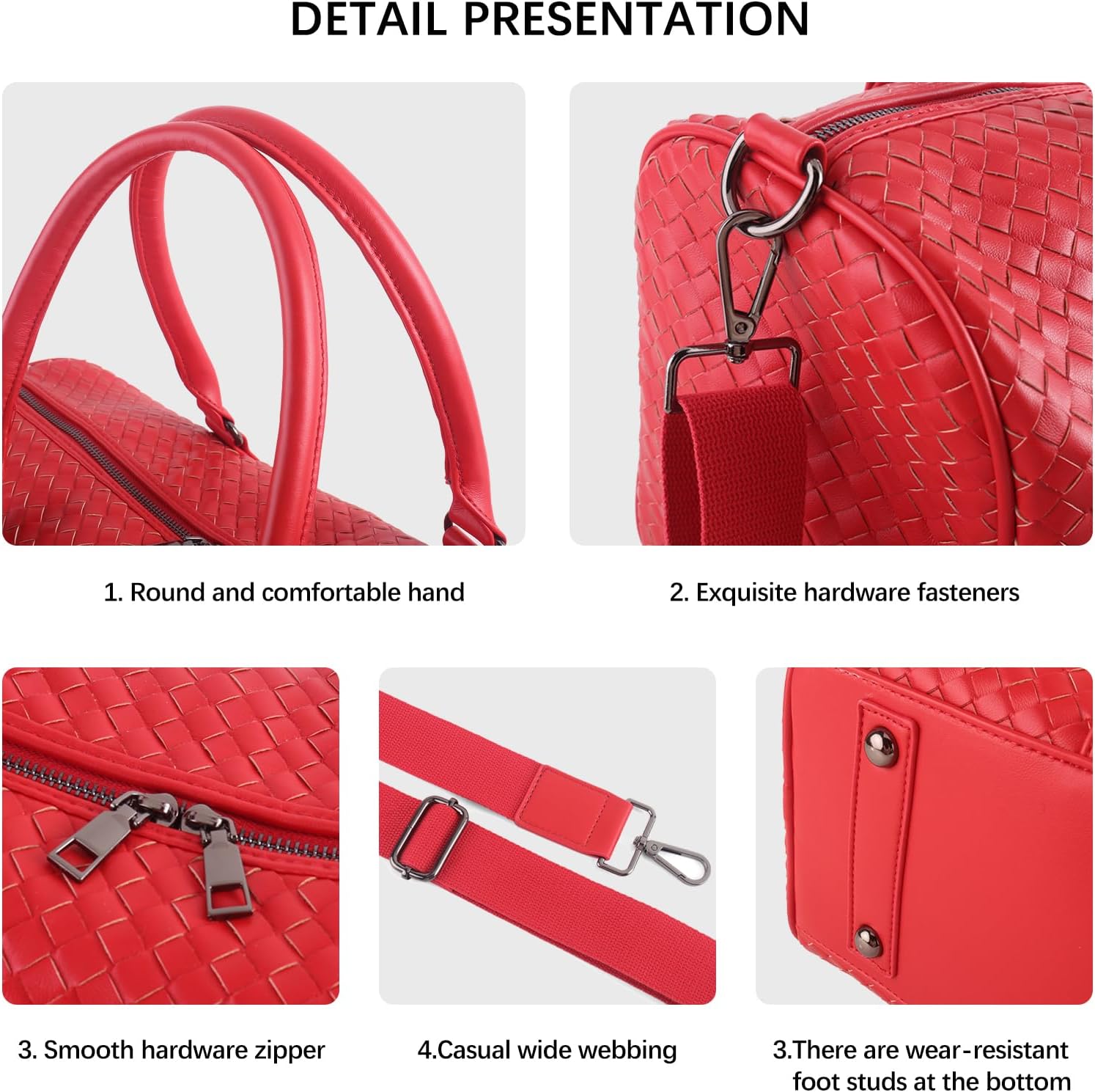 Weekender Bags for Women Designer Duffle Bag for Men, Woven Leather Carry On Travel Bag with Wet Compartment Large Capacity Water-resistant Gym Tote (Red)
