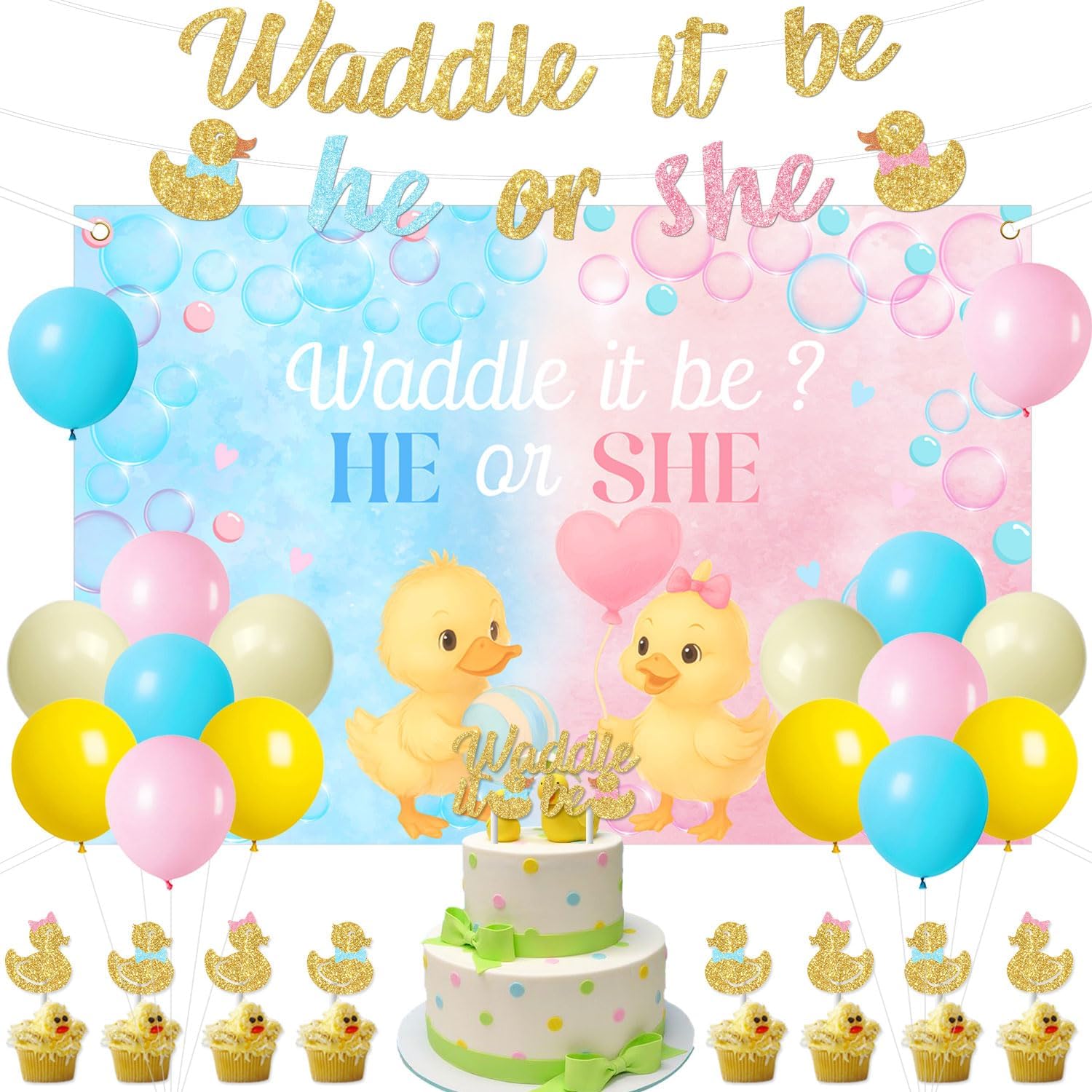 Duck Gender Reveal Decorations Blue Pink Duck Theme Backdrop He or She Waddle It Be Banner Cake Topper Cute Ducky Cupcake Toppers with Balloons for Boy or Girl Gender Reveal Party Baby Shower