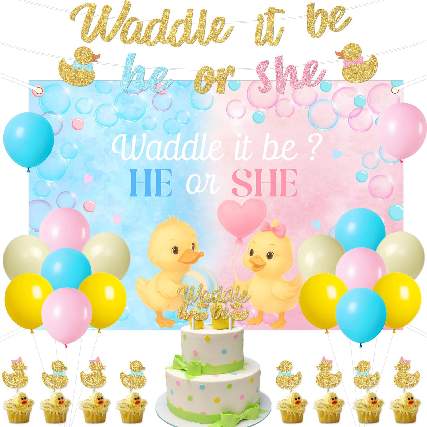 Duck Gender Reveal Decorations Blue Pink Duck Theme Backdrop He or She Waddle It Be Banner Cake Topper Cute Ducky Cupcake Toppers with Balloons for Boy or Girl Gender Reveal Party Baby Shower