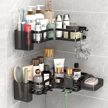 Corner Shower Caddy Kits,6Pcs Bathroom Shelves,Shower Storage Rack,Shelf Organiser No Drilling,Rust-Resistant Shower Caddy Organiser Wall Mounted with Soap Holder&Hooks&Toothpaste Holder Black