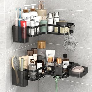 Corner Shower Caddy Kits,6Pcs Bathroom Shelves,Shower Storage Rack,Shelf Organiser No Drilling,Rust-Resistant Shower Caddy Organiser Wall Mounted with Soap Holder&Hooks&Toothpaste Holder (Black)