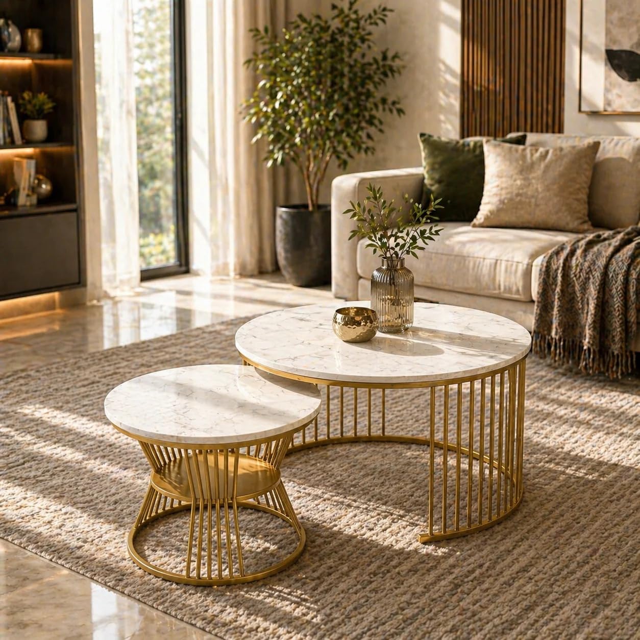 Wooden Twist Stylish Look Round Wrought Iron Coffee Table Set of 2-image-35