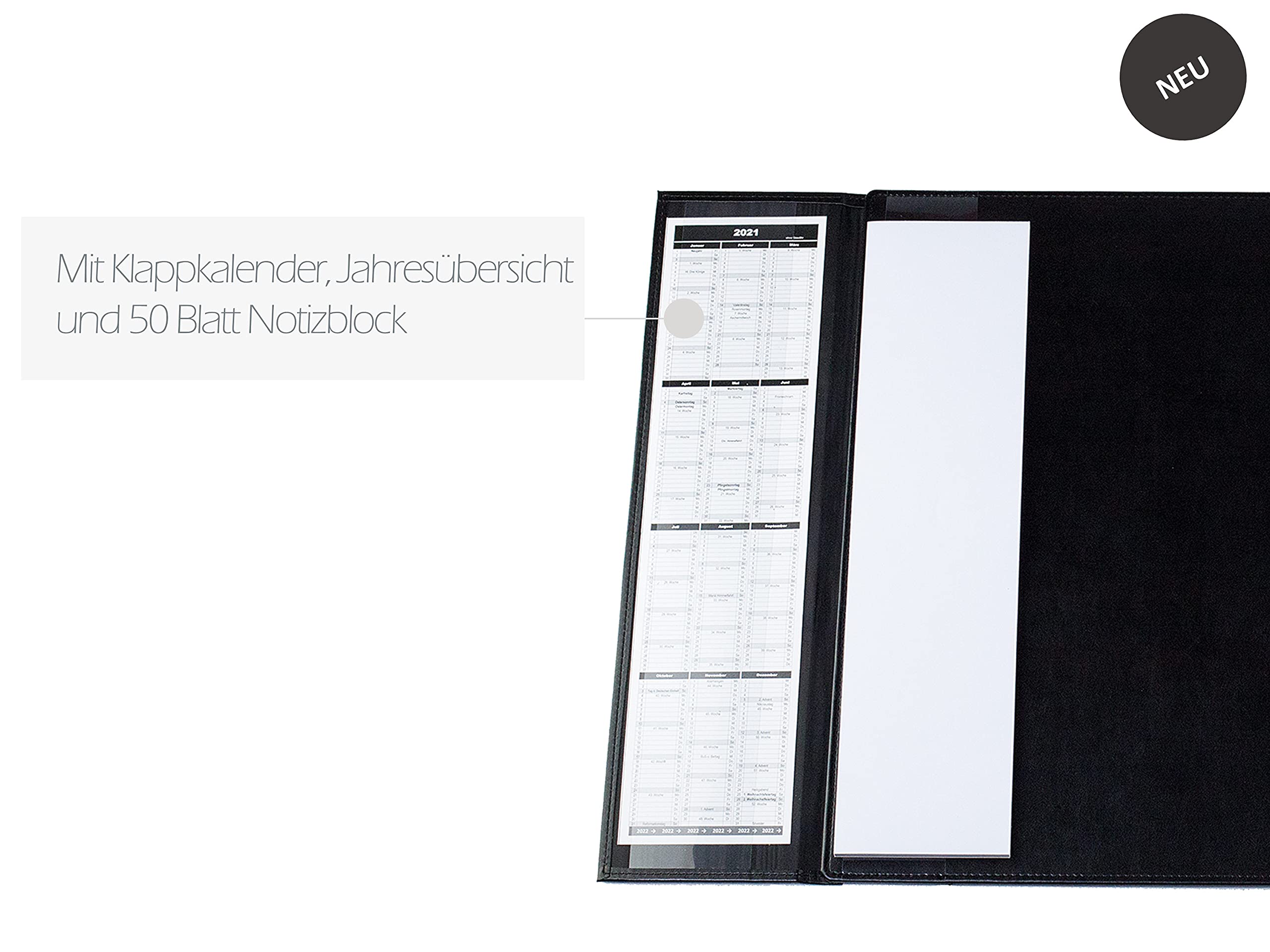 DELMON VARONE - personalisierbare Schreibtischunterlage mit Klappleiste 65 x 45 cm inkl. Block & Kalender 2026/2027 Lederimitiat Schwarz - Rutschfeste Kunstleder Schreibunterlage abwischbar
