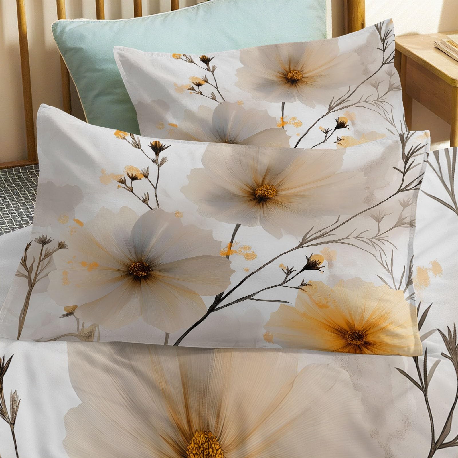 Bardzo miękki i wygodny zestaw pościeli 260 x 220 cm, dwustronne, eleganckie, miękkie kwiaty, dmuchawce, zestaw pościeli super king, można prać w pralce, białe poszewki na kołdrę z 2 poszewkami na