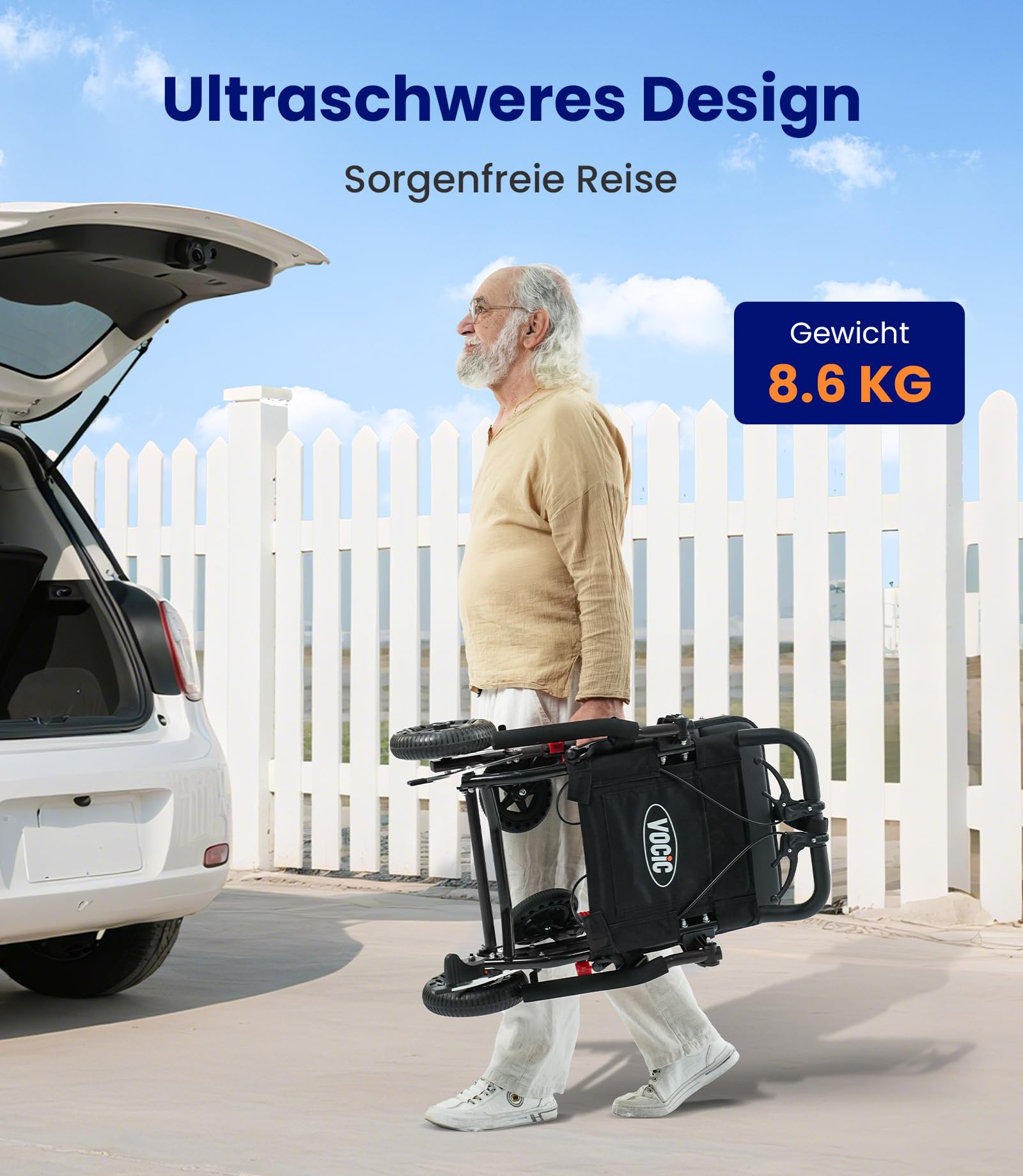 VOCIC U41 Silla de ruedas plegable ligera, 8,6 kg, aluminio, ultraligera, de transporte, plegable, con neumáticos de 20 cm, color negro brillante