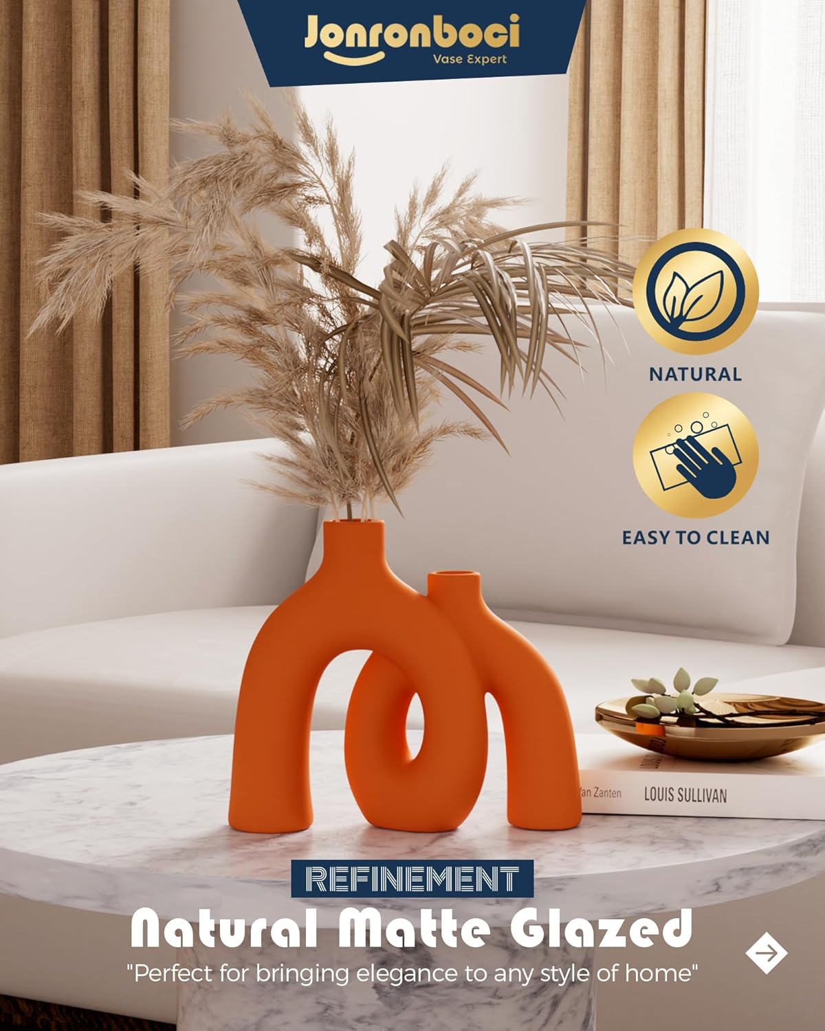 Hug Donut Decorative Vase Set - Modern Vases Home Decor, Decorative Vase for Bookshelf, Entryway Table, Dining Table Centerpiece, Mantle or Fireplace Decor, Console (Orange) image 4