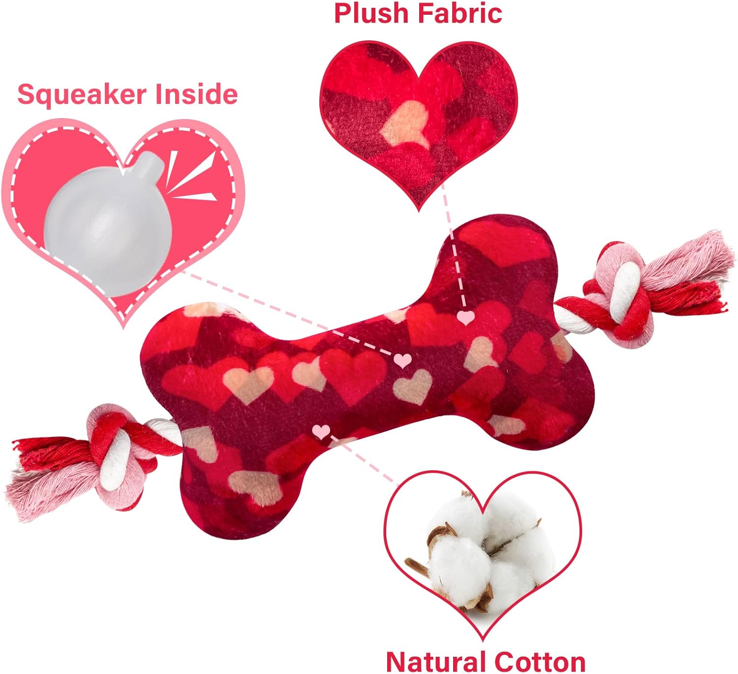 Valentine's Day Dog Toys, 2 Pack Plush Squeaky Dog Toys with Cotton Rope, Valentine's Day Dog Gifts for Small and Medium Dogs