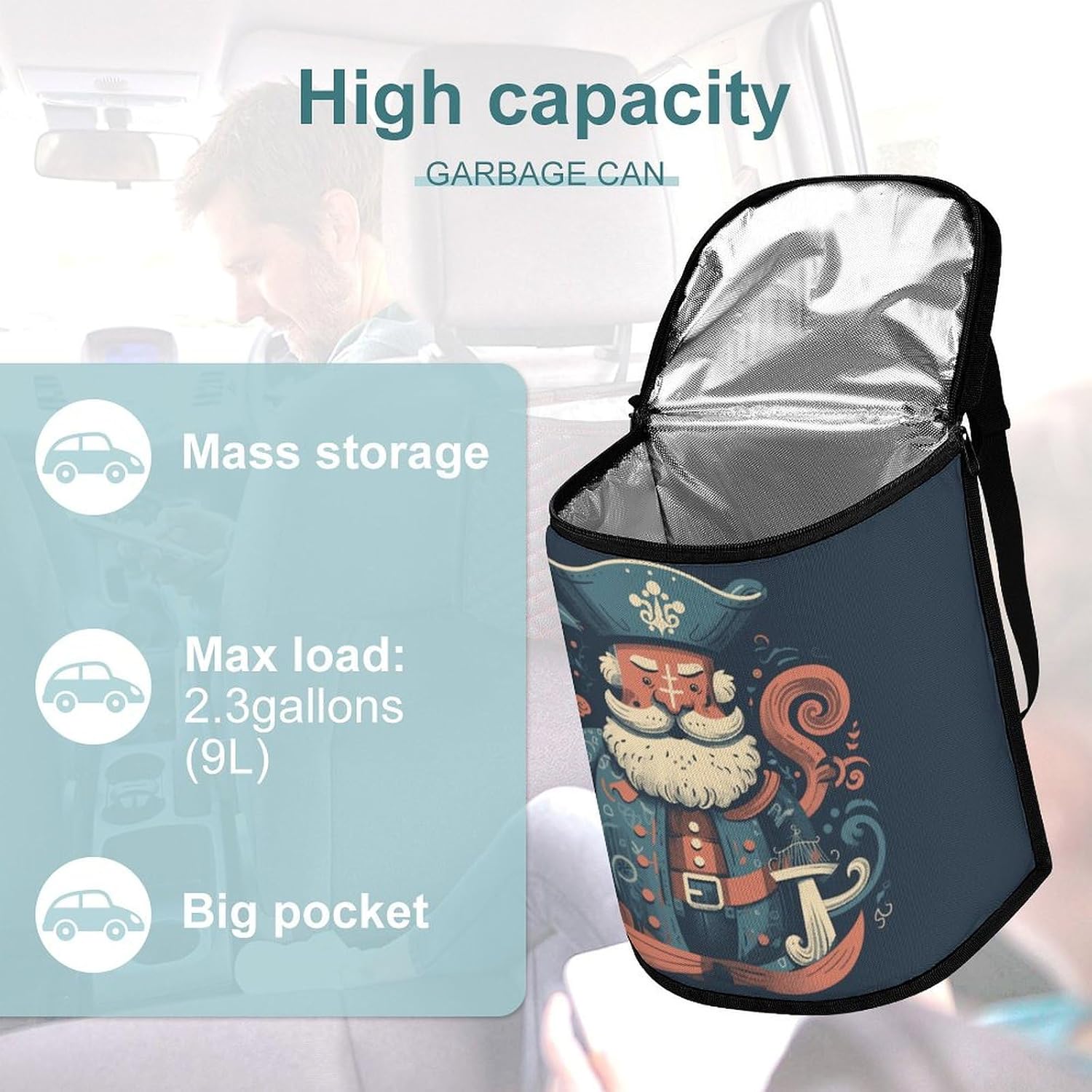 Pirate Characters Car Trash Can Bin Bag Waterproof Car Garbage Can Bag Trash Can for Car Car Trash Can for Women Men Garbage Can for Car Car Trash Can with Lid Trash for Car Trucks Rvs