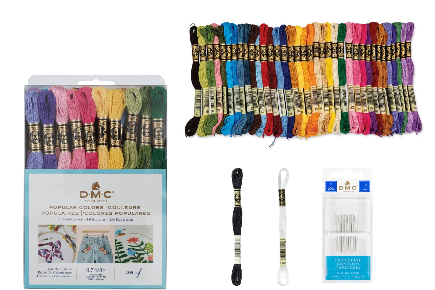 DMC Embroidery Floss Popular Colors Pack, DMC Embroidery Thread Floss Kit -36 Assorted Color Bundle with DMC Cotton White Floss, Black Floss and DMC Cross Stitch Hand Needles