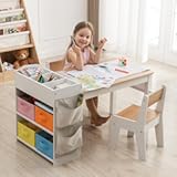 Kids Art Table and Chair - Toddler Craft Table and Chairs Set with 2 Chair & Bins&comma; Large Storage Kids Activity Desk with Paper Roll for Playrooms & Classroom&comma; 40" L x 20" W&comma; Natural