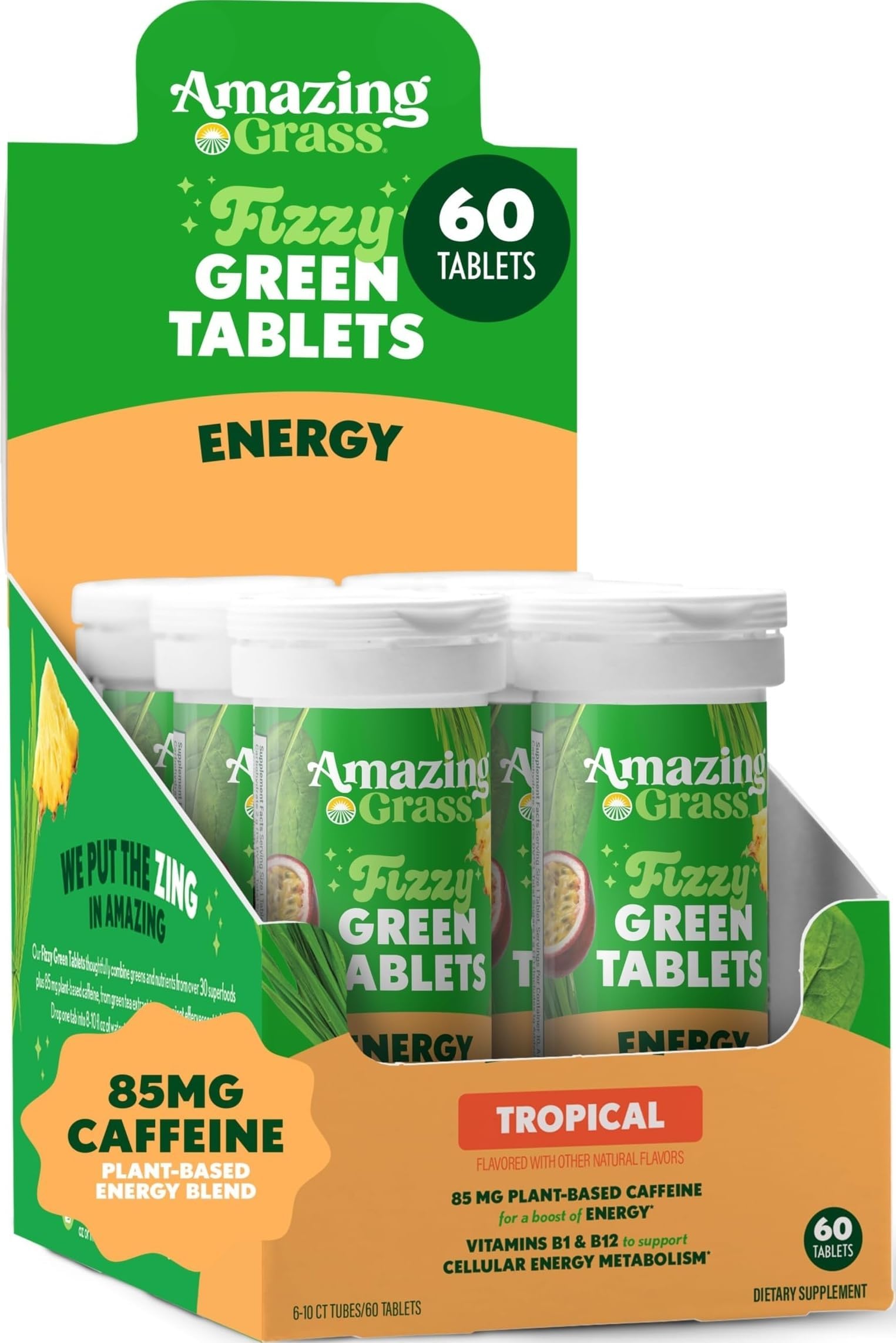 Fizzy Green Energy Tablets, Caffeinated, Tropical, 60 Count