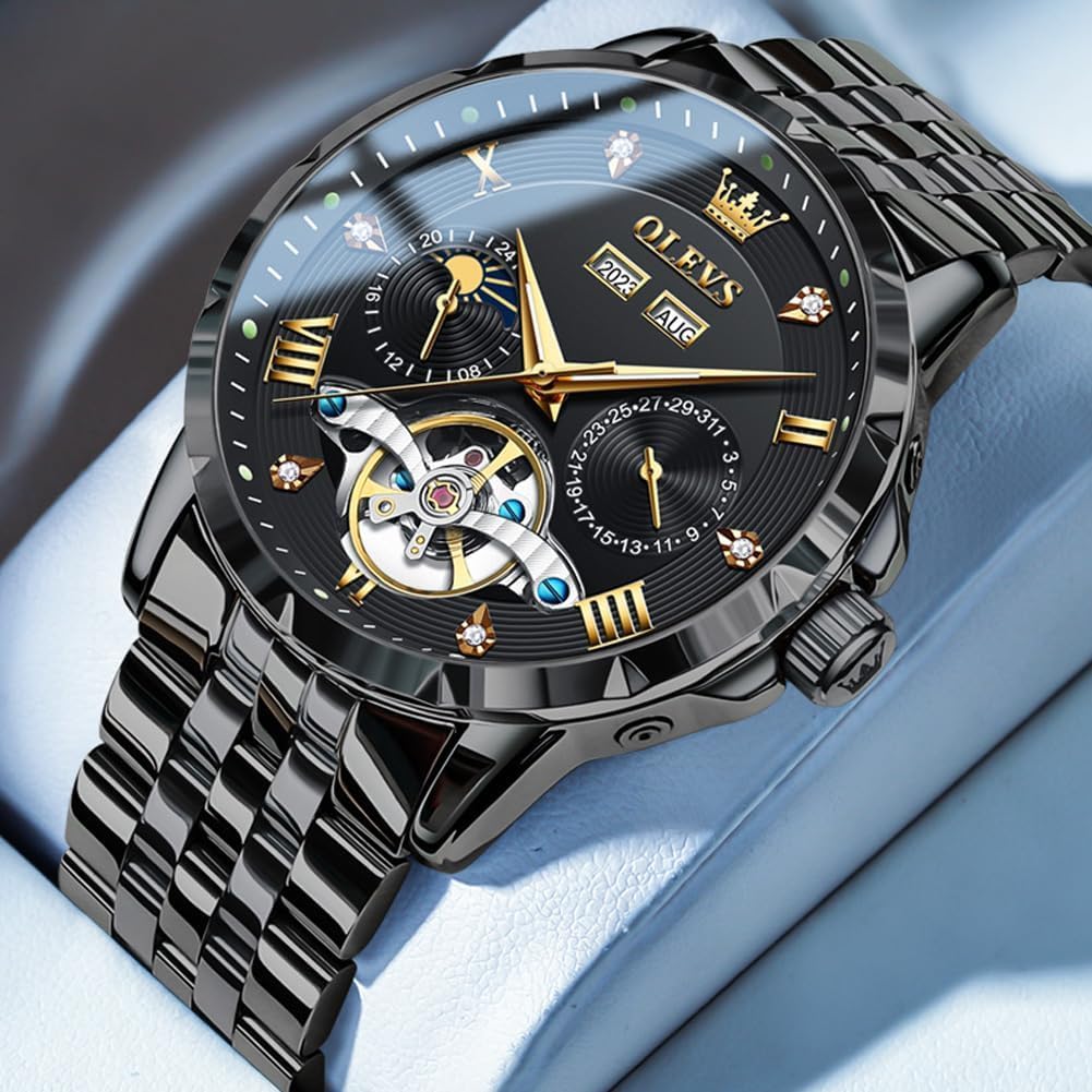 OLEVS Men Automatic Watch Skeleton Mechanical Classic Luxury Business Diamond Stainless Steel Waterproof Luminous Date Calendar Wrist Watches for Men
