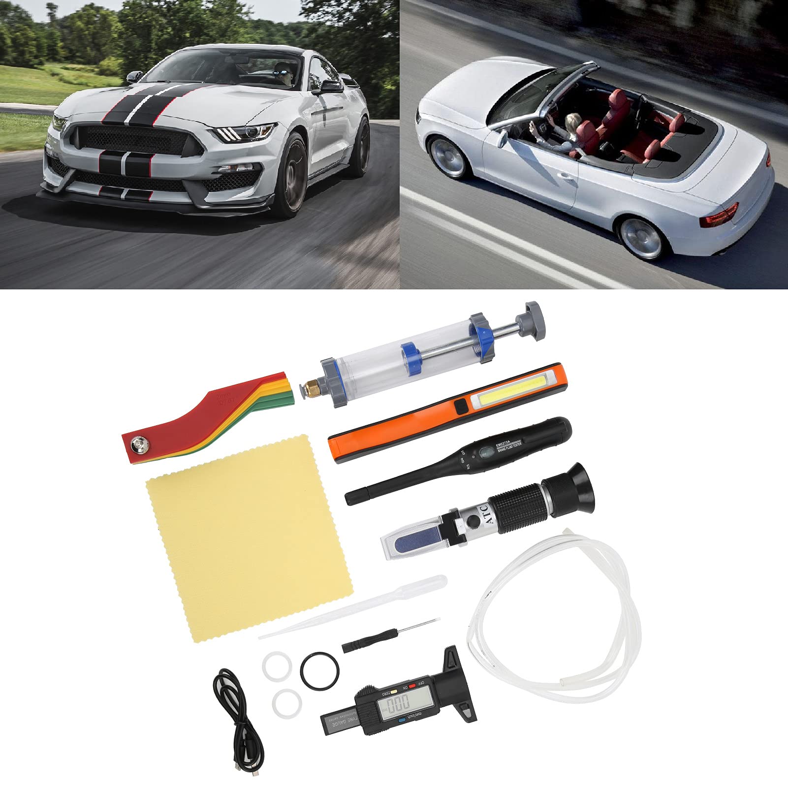 Kit di manutenzione auto 6 in 1 multifunzione con righello a motivi a display digitale, comparatore di qualità dell’olio, tester per liquido dei freni, luce da lavoro a LED per rip