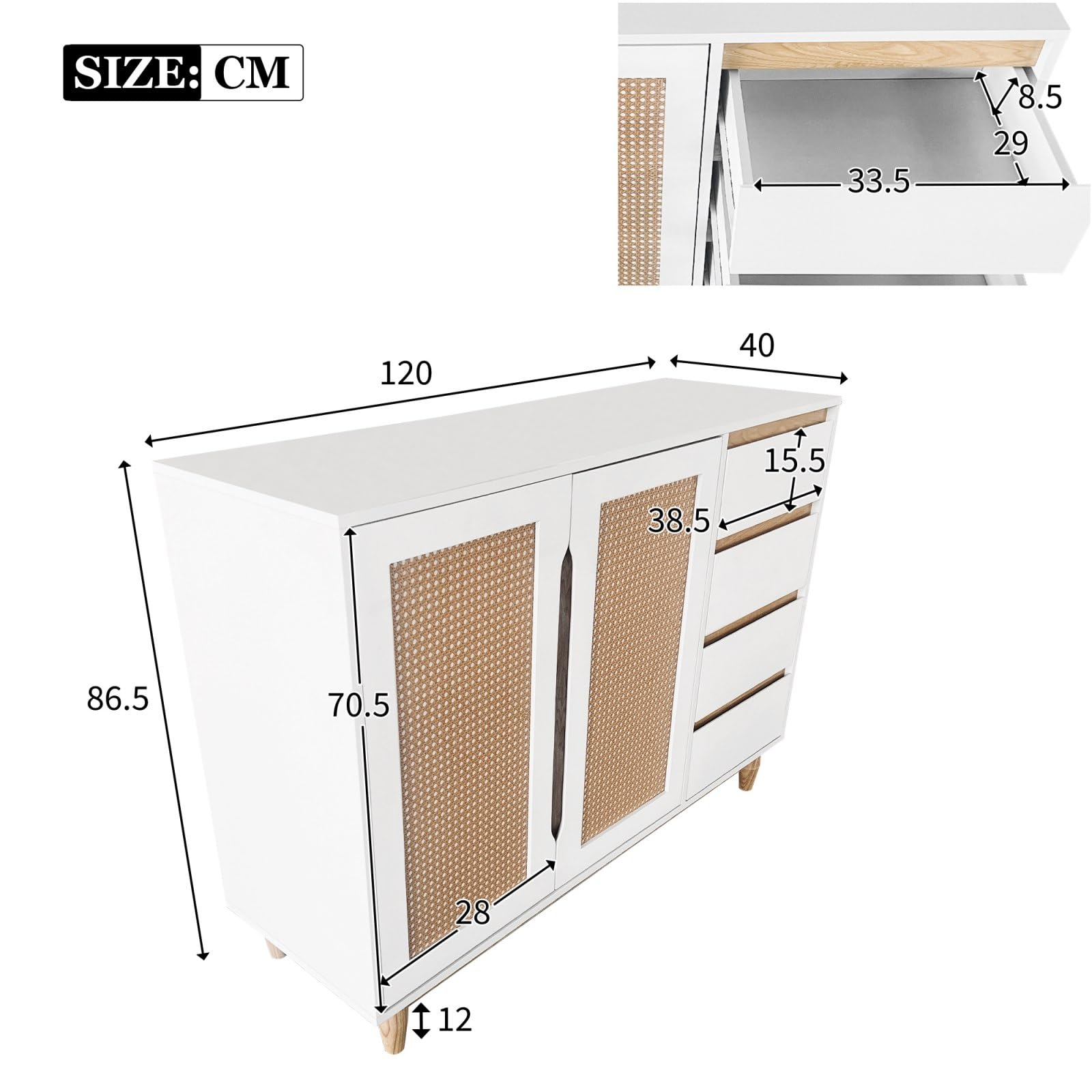 KOMHTOM Witte hoogglans tv-kast sideboard, multifunctionele kast