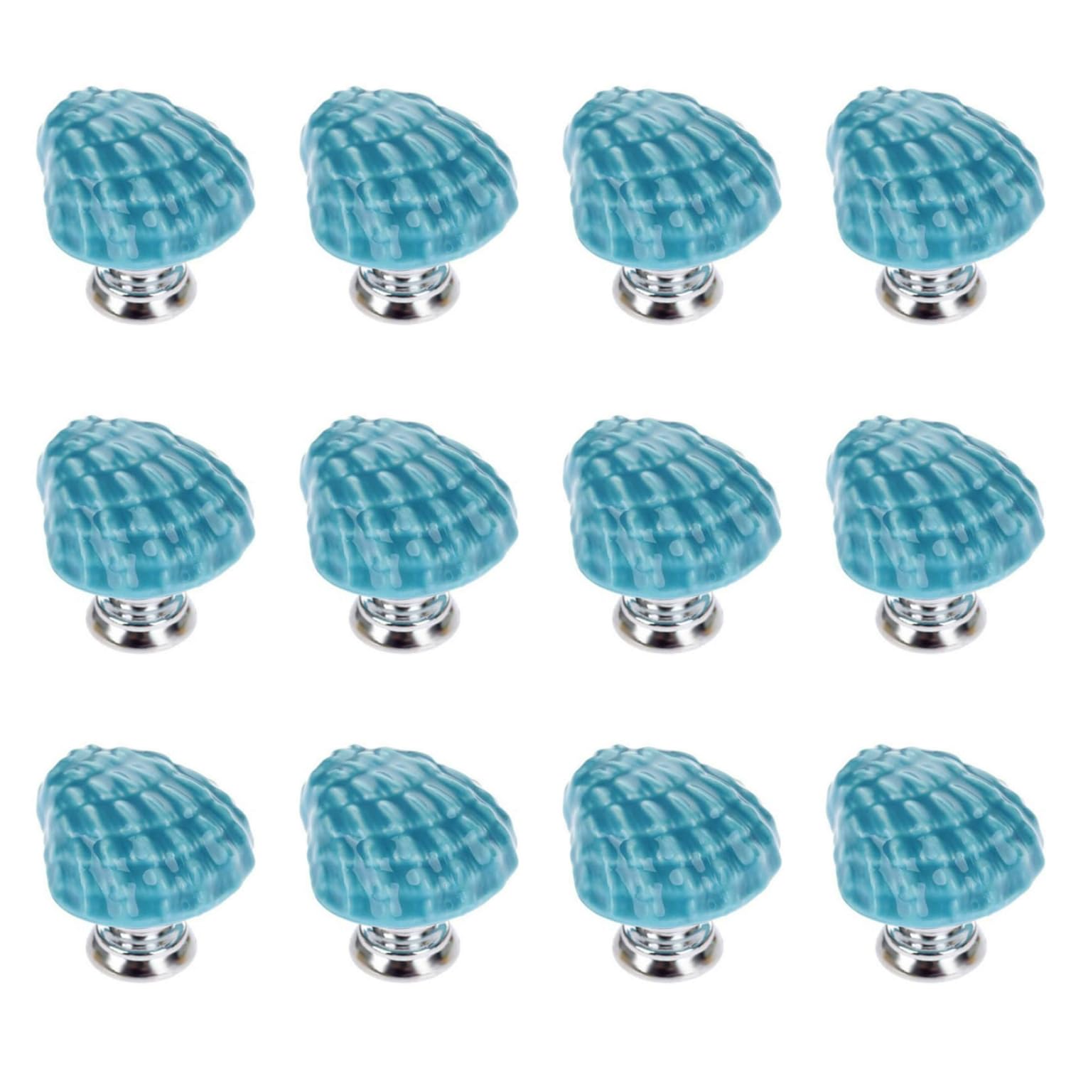 Joyindecor Blue New Ceramic Seashell Nautical Drawer Pulls Handles For Kitchen Cabinet Dresser Cupboard Wardrobe, Beach/Ocean Theme Knobs Coastal Dreseer Knobs, Pack Of 12 (Blue New)