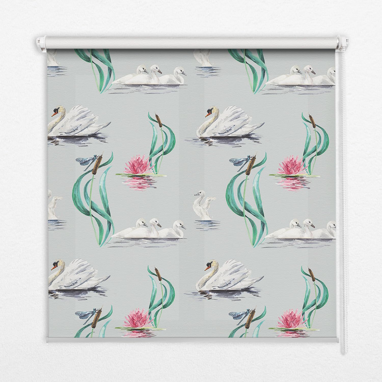 Store enrouleur 50x50cm Tulup tamisant au motif artistique de cygnes et canards